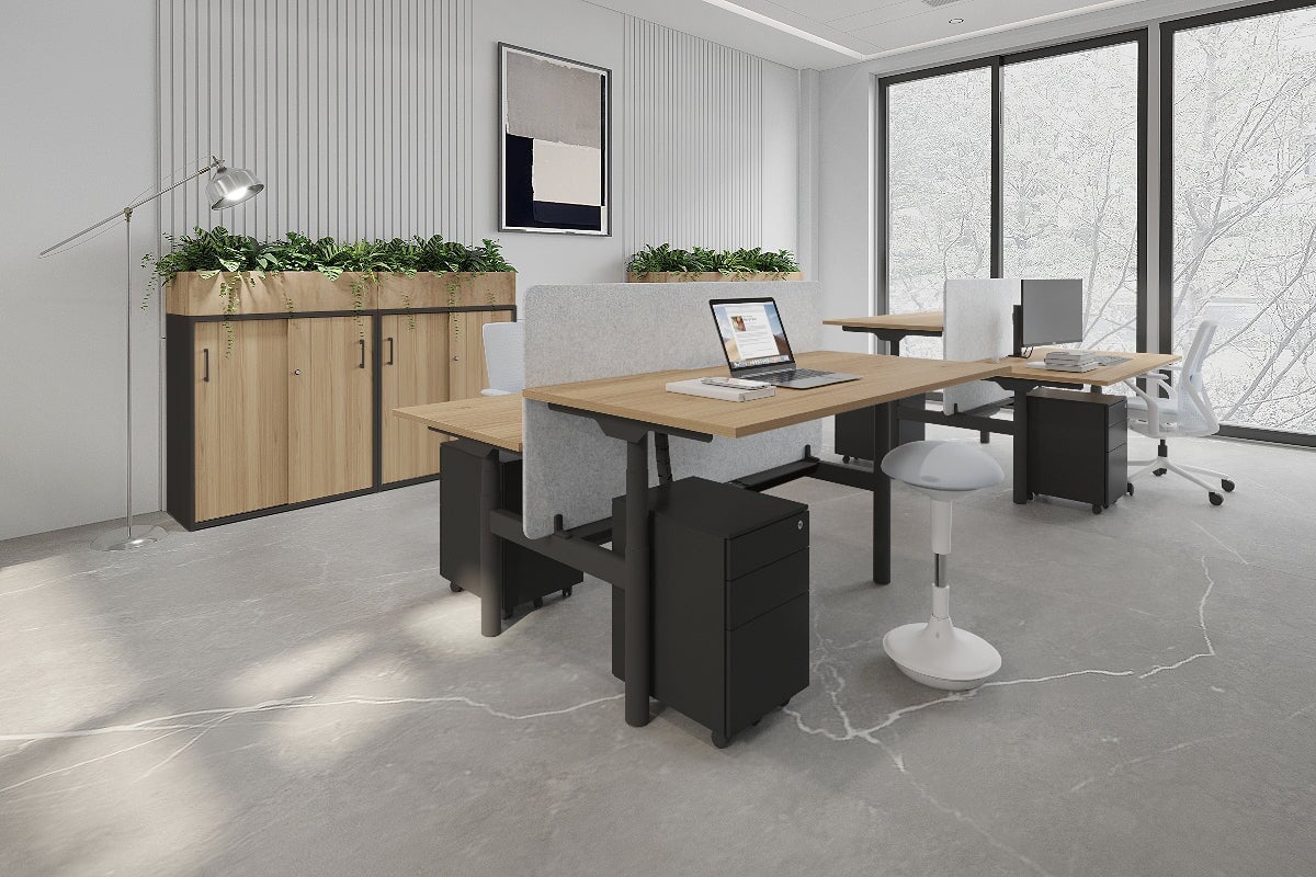 Flexi Premium Height Adjustable 2-Person H Bench Workstation - Black Frame [1400L x 800W with Cable Management] - Ideal for Office, Home Workspace & Collaborative Environments