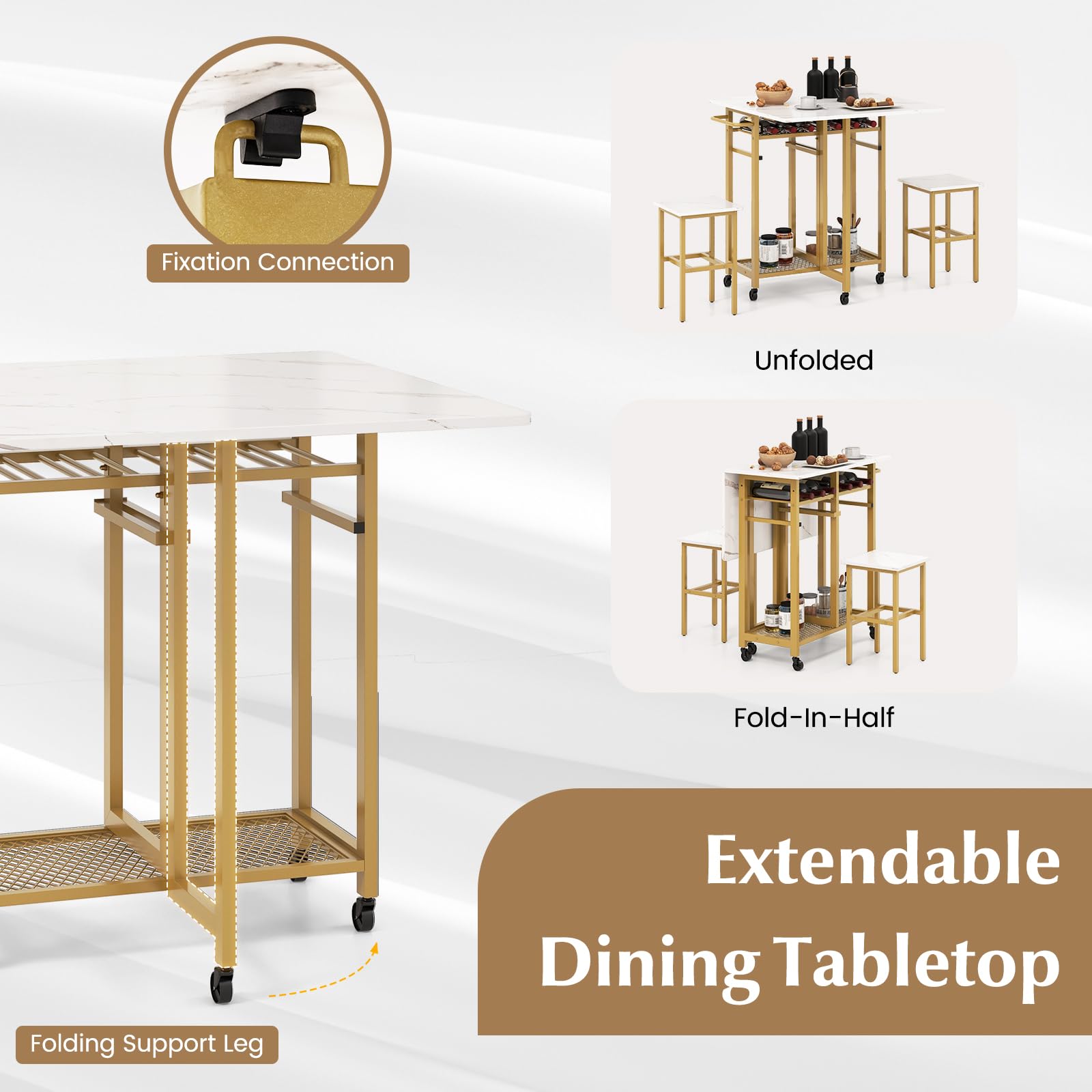Giantex 3-Piece Extendable Folding Dining Table Set with 2 Stools, 6-Bottle Wine Rack & Storage Shelves - Space Saving Kitchen Table for Small Apartments, Breakfast Nooks & Compact Dining Areas
