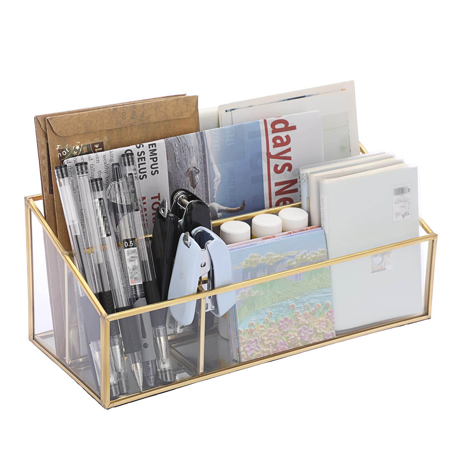 Sumnacon Glass Mail Organizer - Elegant Desktop Letter Holder & Makeup Brush Organizer - Modern Countertop Storage for Home Office, Living Room & Kitchen - Perfect for Bills, Letters & Cosmetics Organization