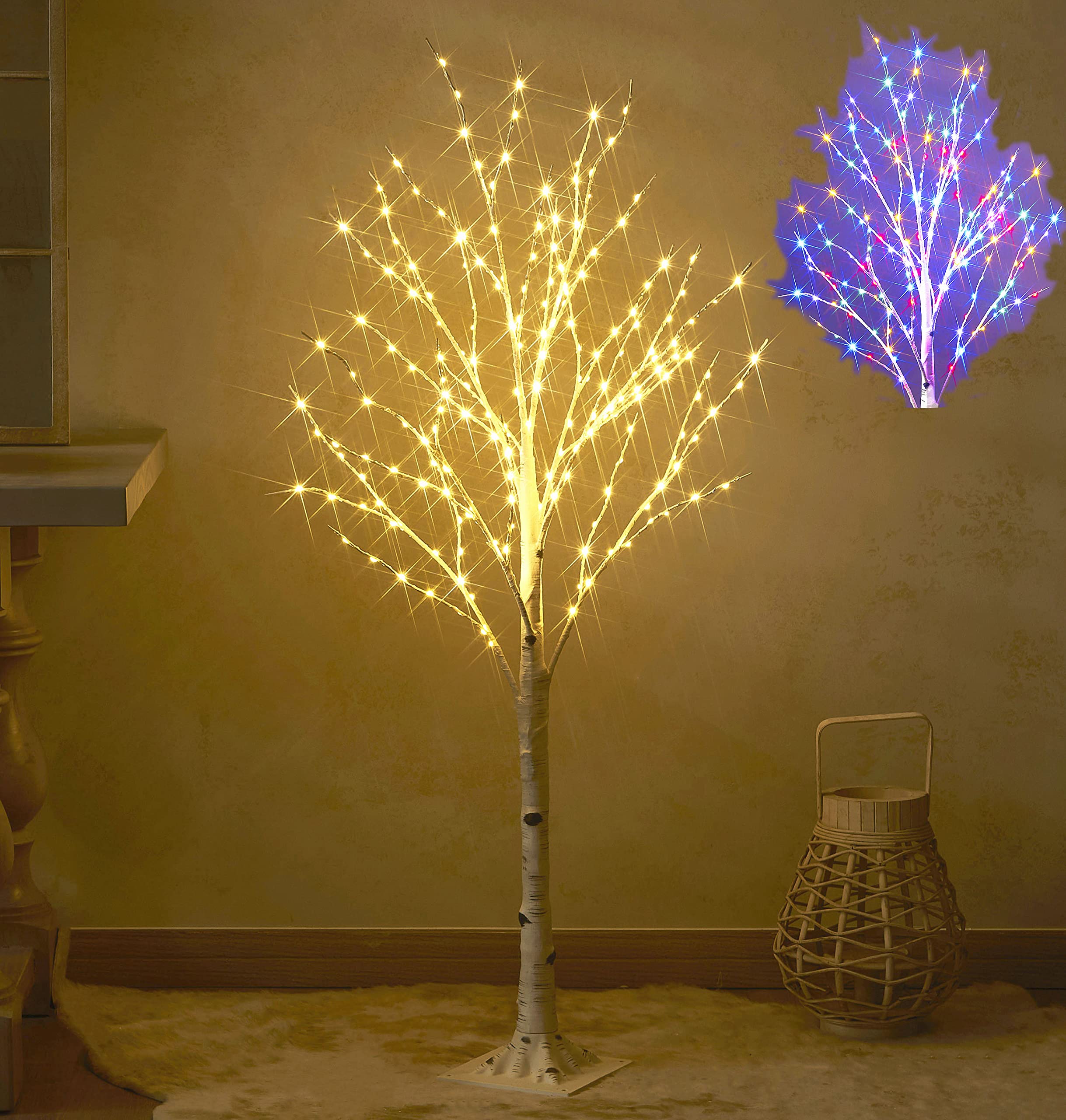 200L Multi-Color & Warm White LED Birch Tree with 8 Lighting Modes - 4FT Indoor/Outdoor Decorative Twig Tree with Fairy Lights for Home, Party, Halloween & Christmas Decor | Perfect for Living Room, Garden, Wedding, and Holiday Celebrations