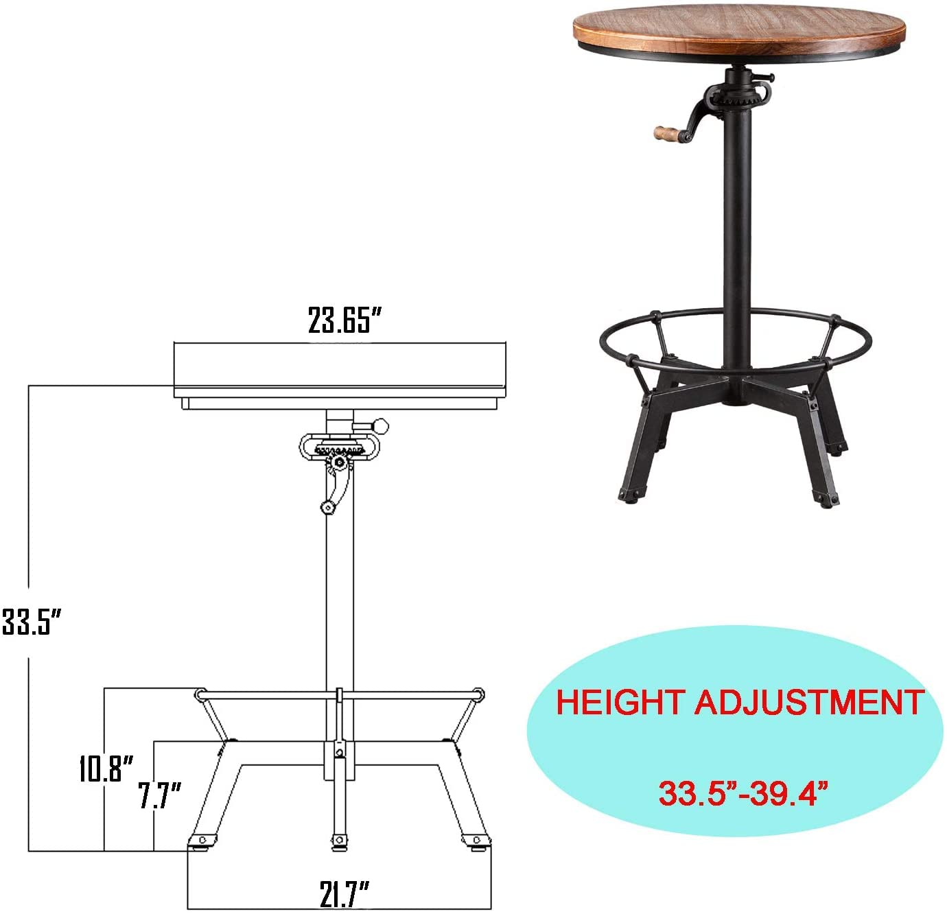 3-Piece Industrial Adjustable Bar Table Set with 2 Swivel Stools - Modern Bistro Pub Table for Kitchen, Dining Room & Small Spaces - Perfect for Breakfast Nook, Coffee Corner & Home Bar Setup