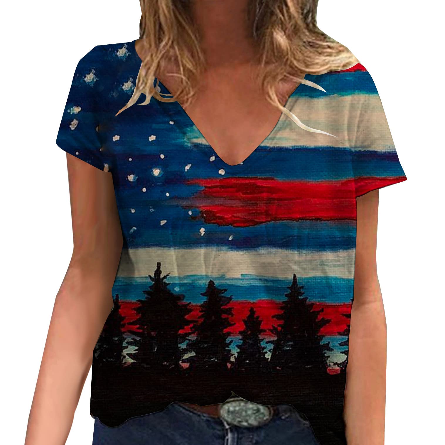 Trendy American Flag Print Women's Summer V-Neck T-Shirt - Loose Fit Short Sleeve Blouse for Workout & Casual Wear - Plus Size Tops for Beach, Gym, and Everyday Fashion