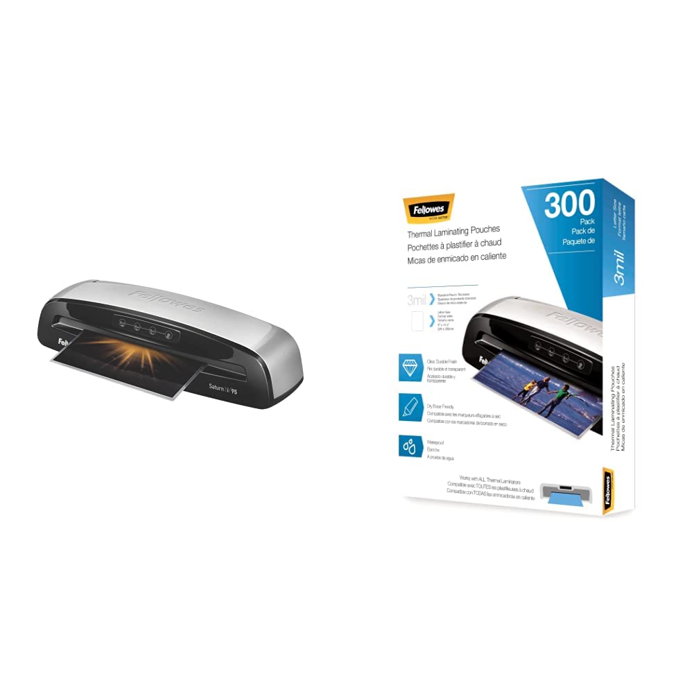 Fellow Saturn 3i 95 Thermal Laminator Machine with 300 Letter Size Laminating Pouches - Perfect for Home, Office & School Documents, Photos & ID Protection