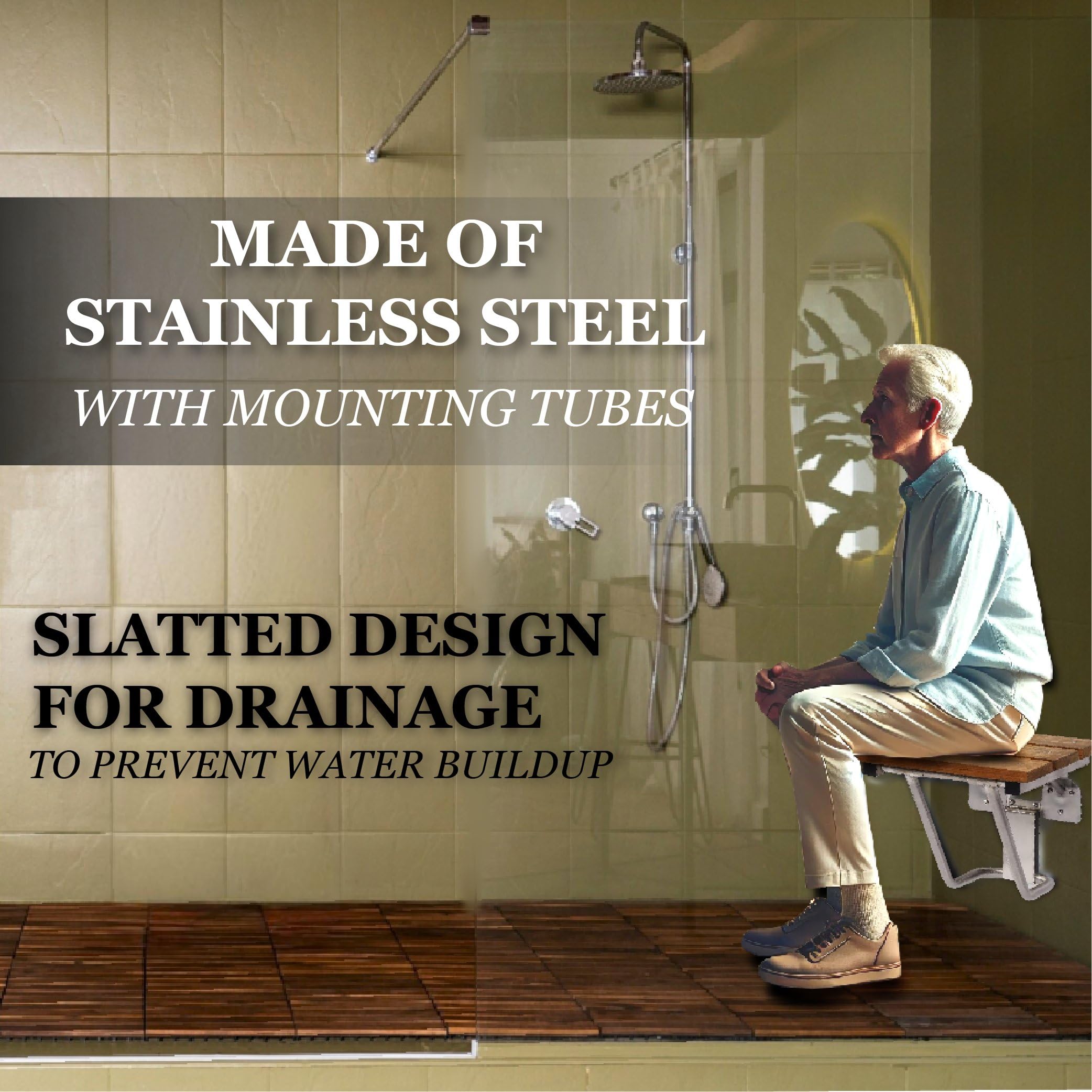 ADA Compliant Folding Shower Chair for Elderly & Disabled - 400lb Capacity Teak Shower Bench with 304 Stainless Steel Frame - Wall Mounted Shower Seat (28