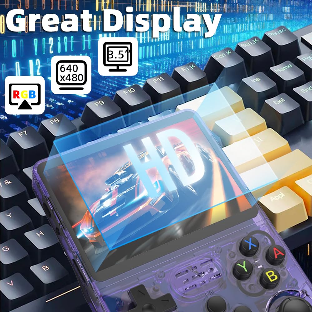R36S Retro Handheld Game Console - 3.5-inch Portable Gaming System with Built-in Battery, Purple Transparent Design | Perfect for Travel, Commuting & Retro Gaming Nostalgia