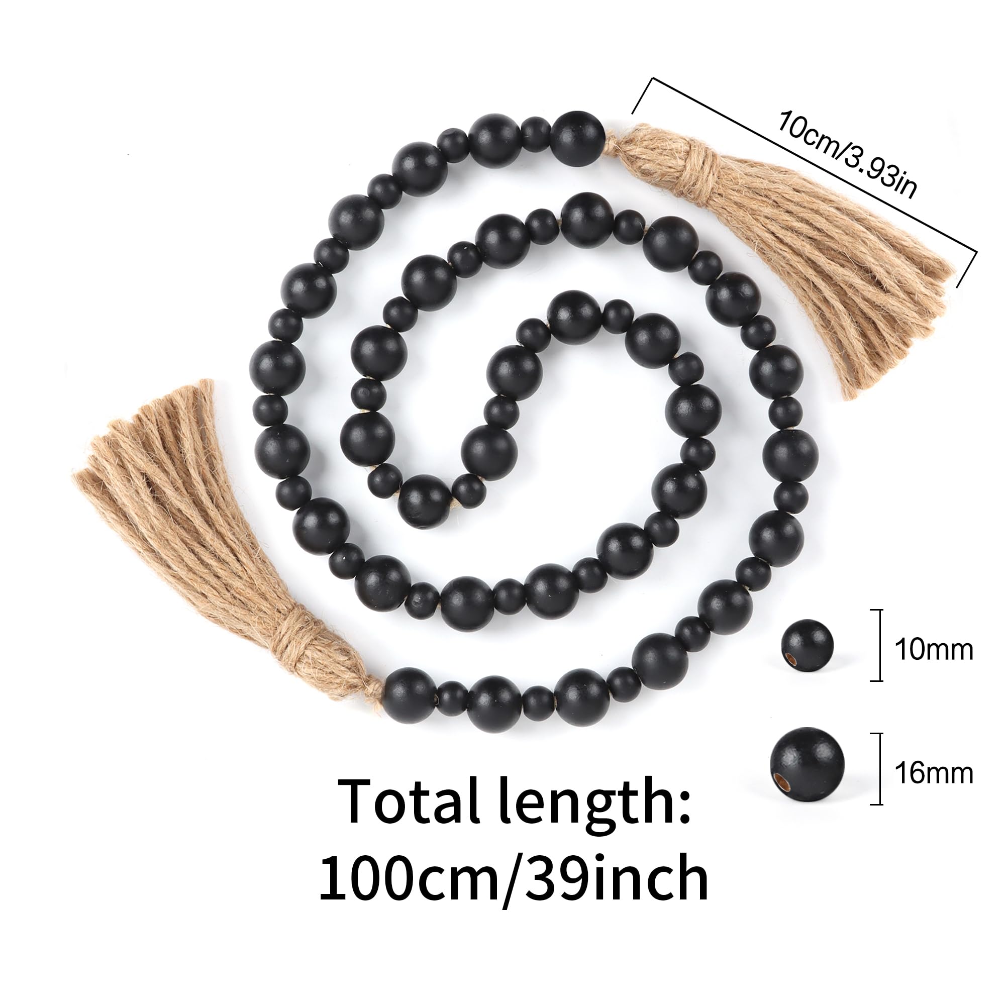 Yagoo Wood Bead Garland with Tassels - Rustic Farmhouse Decor, Boho Prayer Beads, Decorative Wooden Bead Strand for Wall Hanging, Shelf Styling & Home Décor (Black)