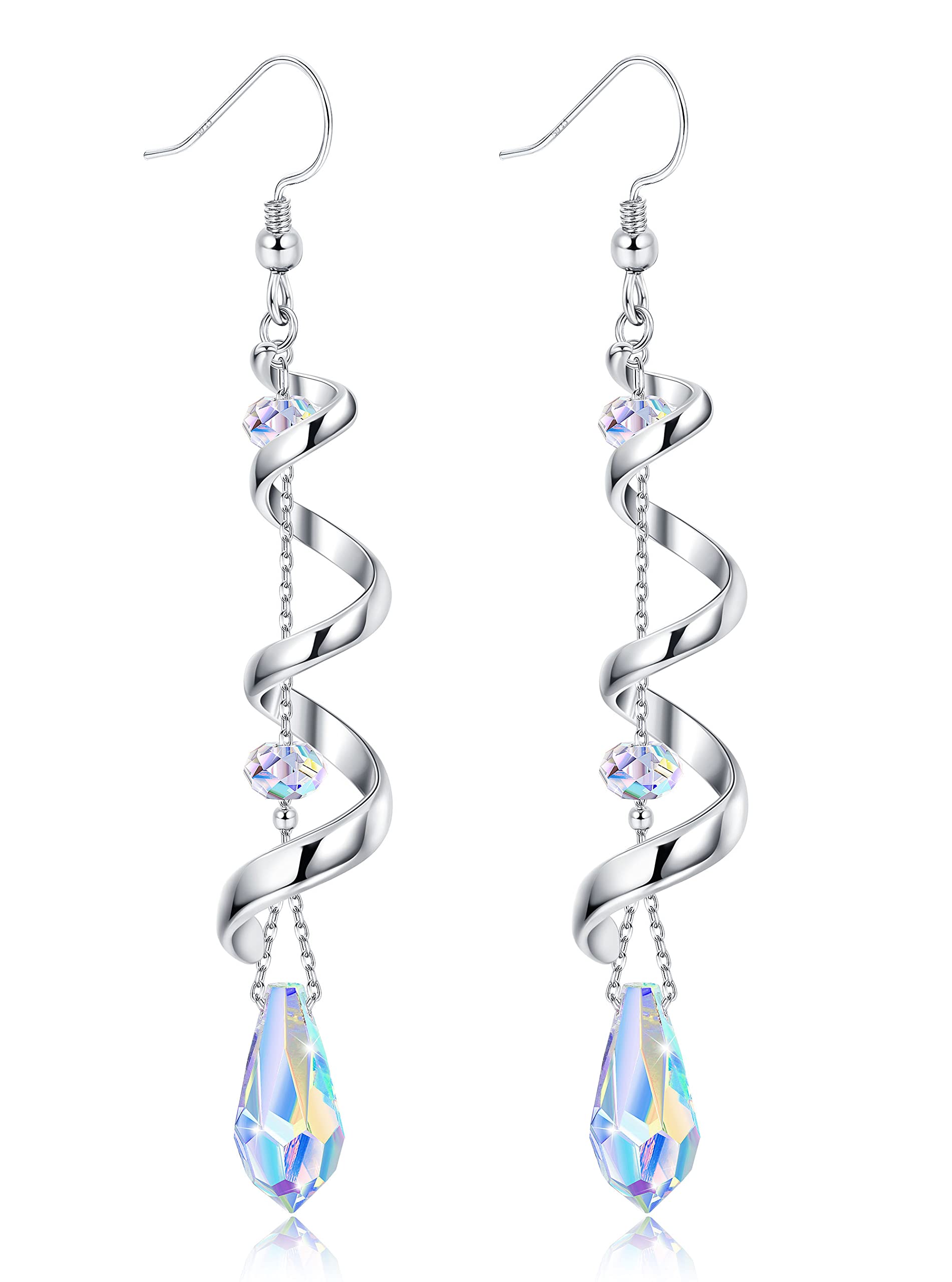 PATISORNA 925 Sterling Silver Austria Crystal Dangle Earrings for Women - Elegant Spiral Ribbon Multi Teardrop Drop Earrings, Sparkly Long Dangly Jewelry Gifts for Her | Perfect for Weddings, Parties & Special Occasions