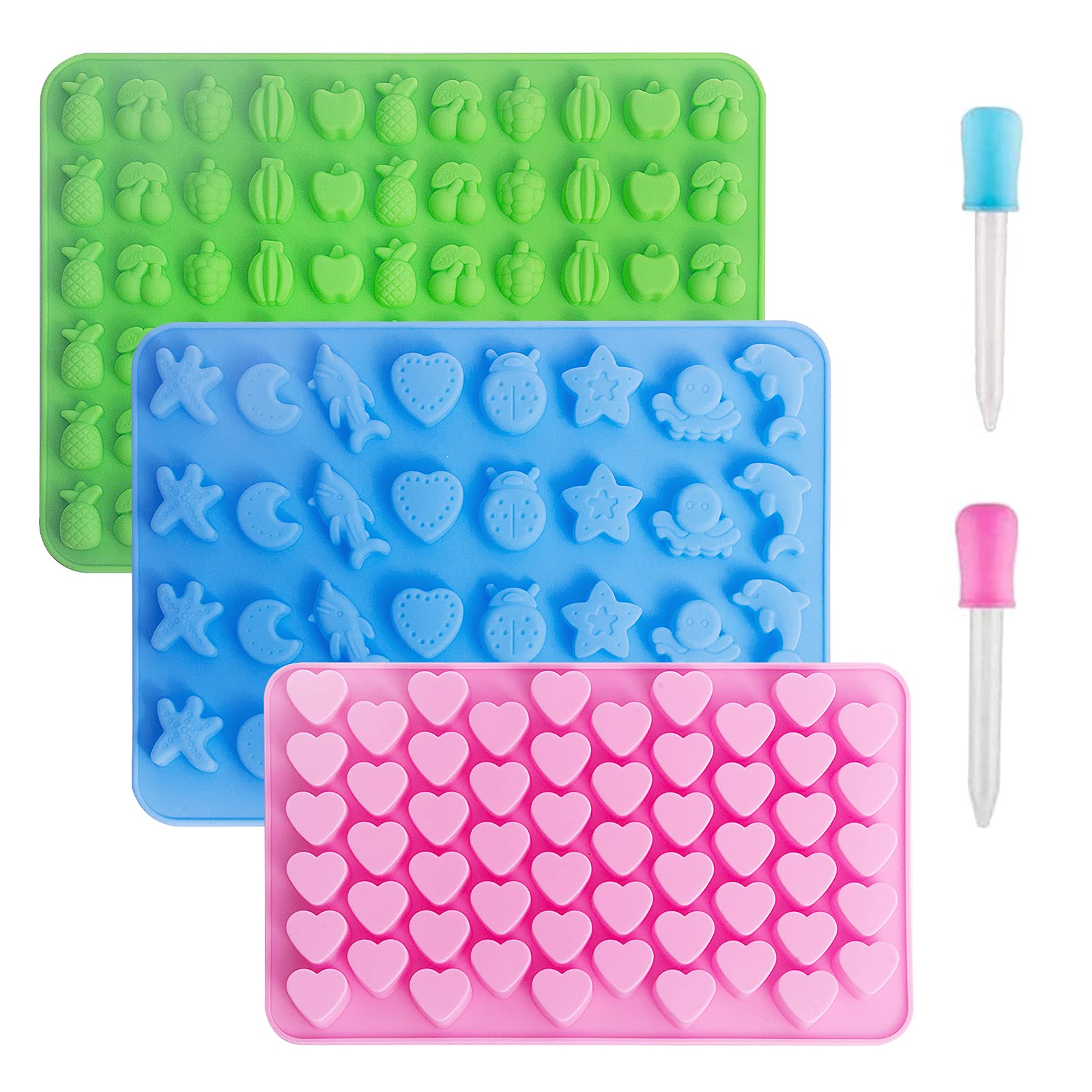 3 Pack Mini Silicone Candy Molds - Heart, Fruit & Sea Animal Shapes with 2 Droppers for Homemade Gummies, Chocolates & Ice Cubes | Perfect for DIY Treats, Party Favors & Kids Baking Activities