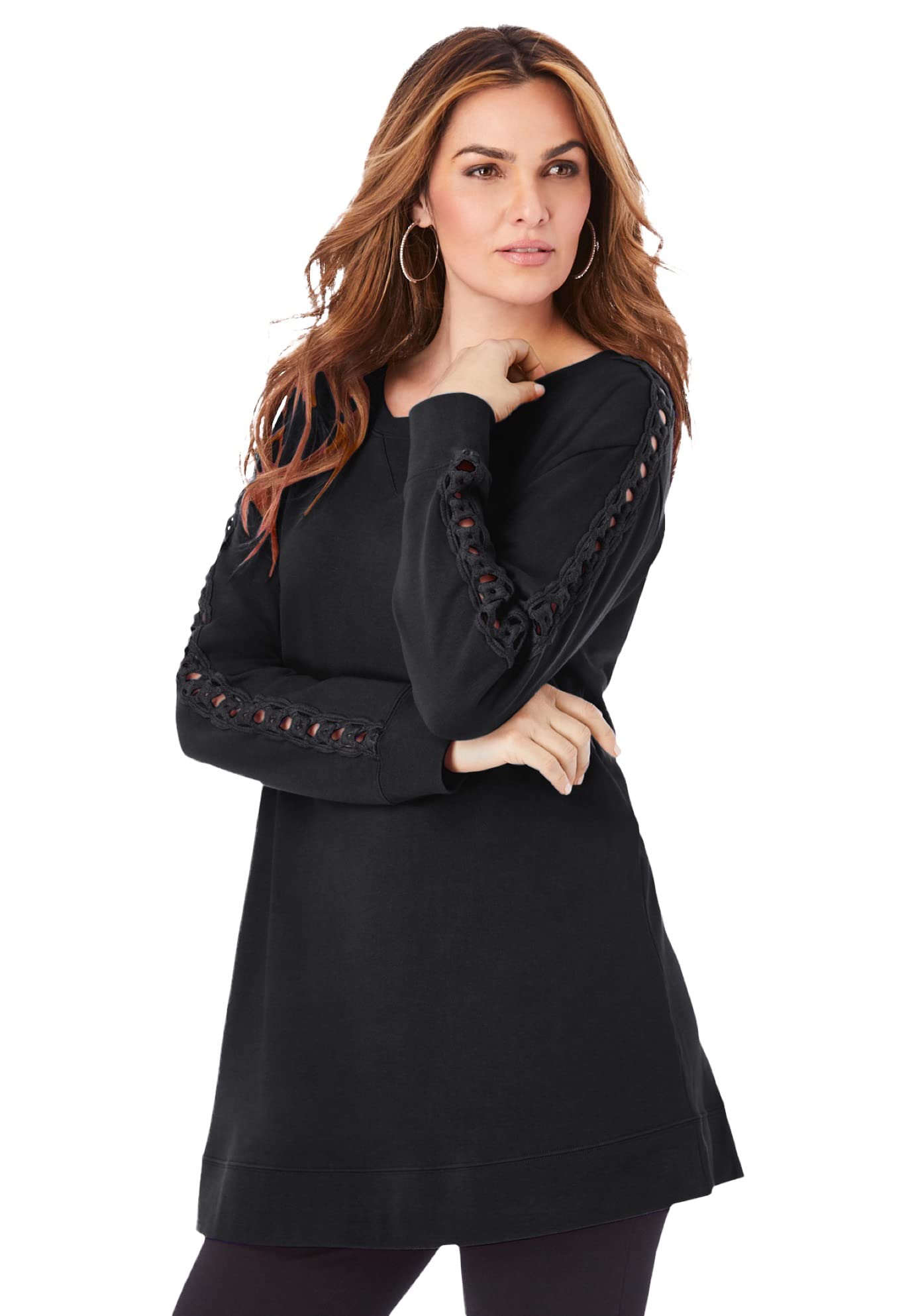 Roaman's Women's Plus Size Crochet Sleeve Sweatshirt Tunic Top - Comfortable Casual Wear for Plus Size Women, Perfect for Fall Layering and Weekend Outfits