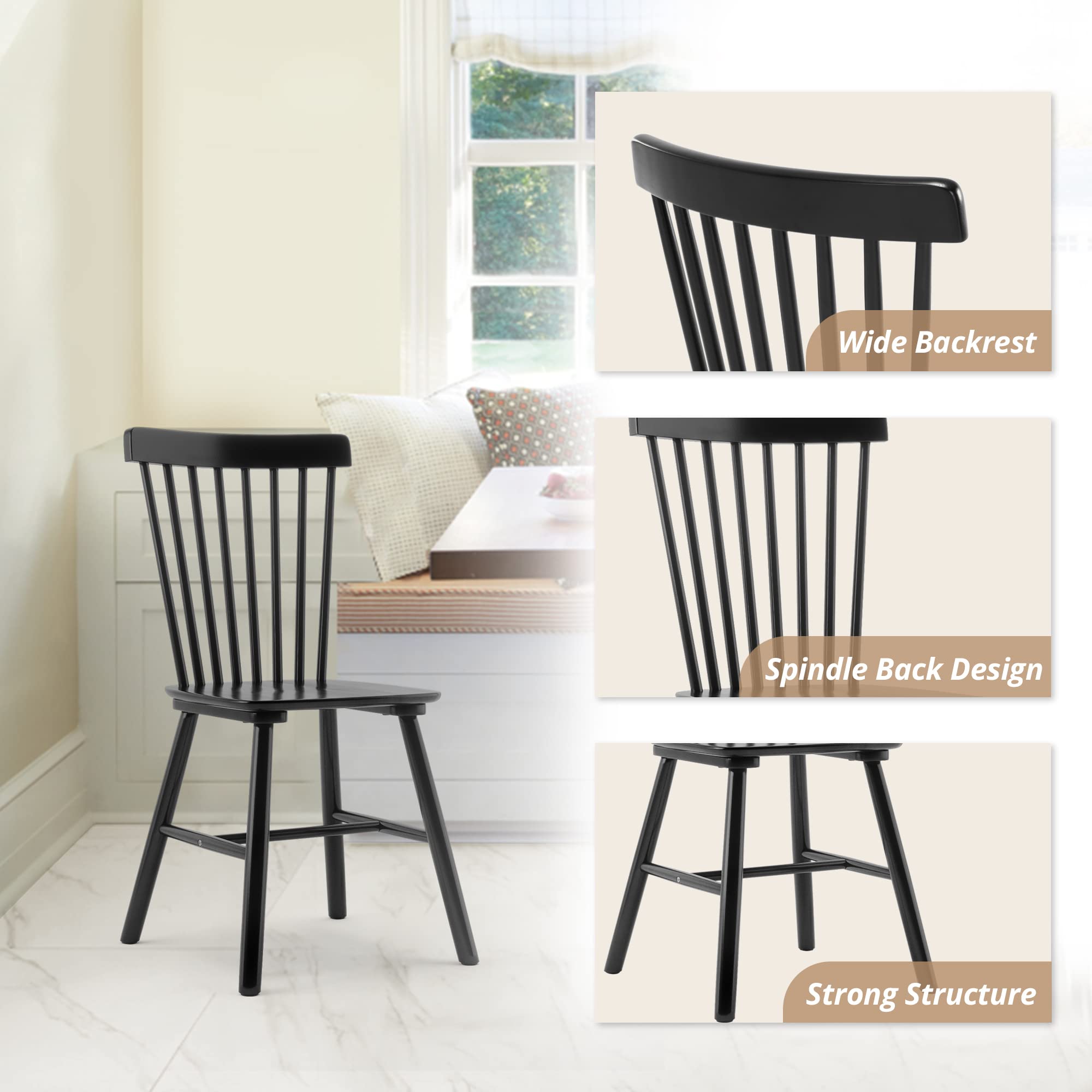 LUE BONA Windsor Dining Chairs Set of 2 - Solid Wood Spindle Back Farmhouse Style Kitchen & Dining Room Chairs in Black - Perfect for Country Homes, Breakfast Nooks, and Rustic Decor
