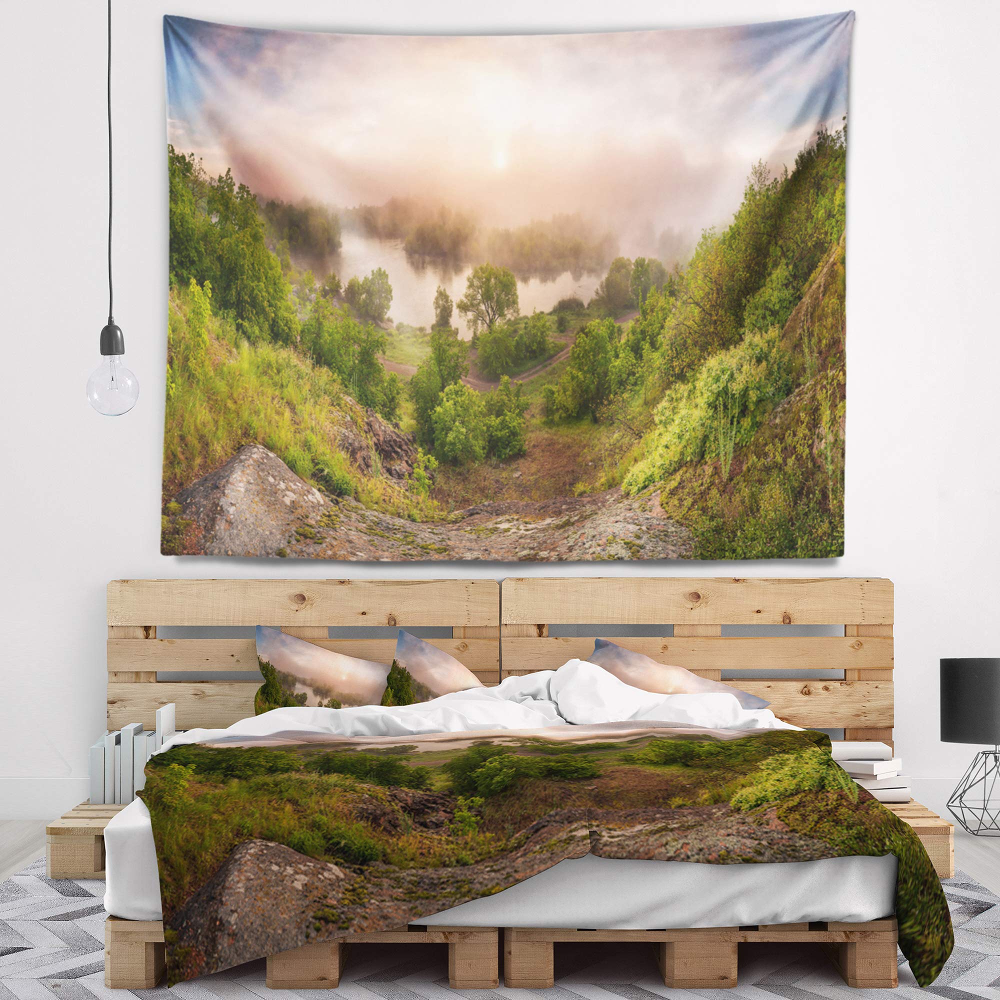 Designart 'Rising Above The River Mist' Landscape Photo Tapestry Blanket - Large 92x78 Inch Lightweight Polyester Wall Hanging Décor for Living Room, Bedroom & Office | Nature-Inspired Home Art & Cozy Throw Blanket