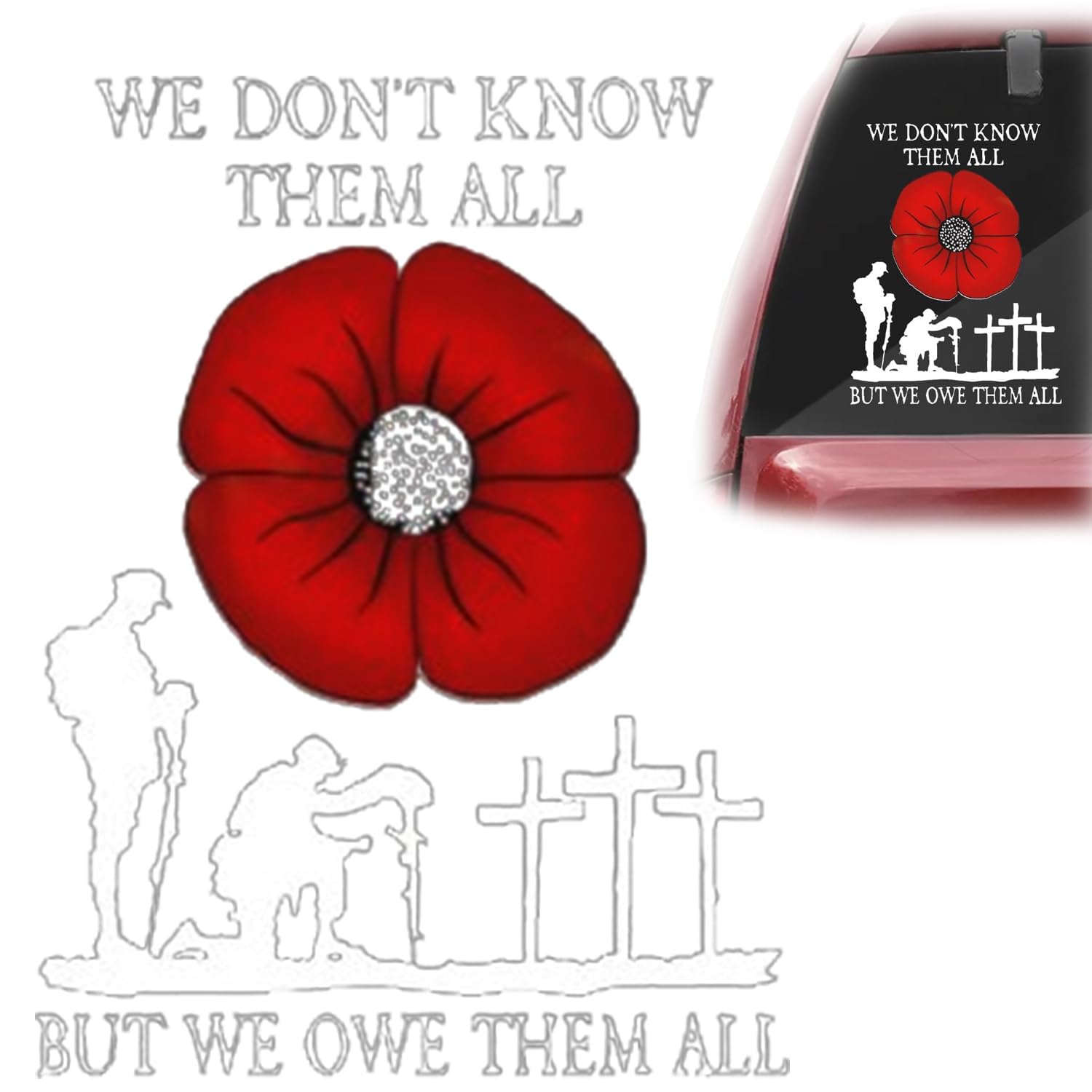 Red Poppy 'We Owe Them All' Waterproof Vinyl Sticker - Patriotic Car Decal for Veterans, Memorial Day & Armistice Day - Durable Laptop, Truck & Fridge Decoration (Red, Small) - Perfect for Honoring Military Heroes on Vehicles & Personal Items