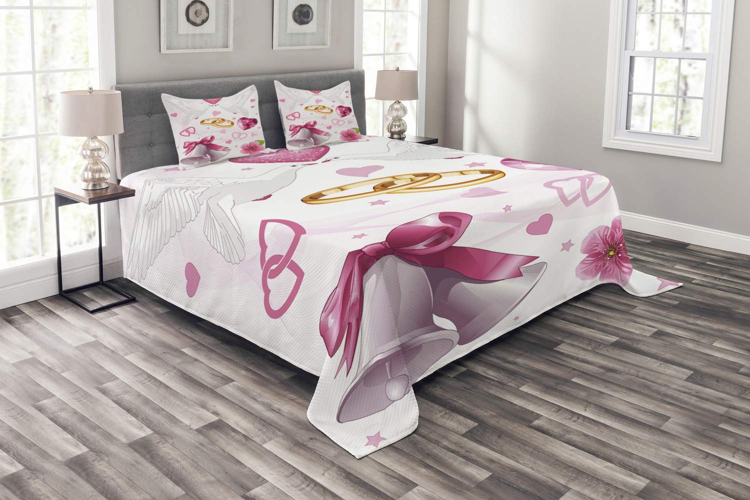 Ambesonne 3-Piece King Size Wedding Bedspread Set with 2 Pillow Shams - Romantic Hearts, Rings & Birds Design in Pink, White & Orange - Perfect for Bridal Showers, Honeymoon Suites & Anniversary Gifts