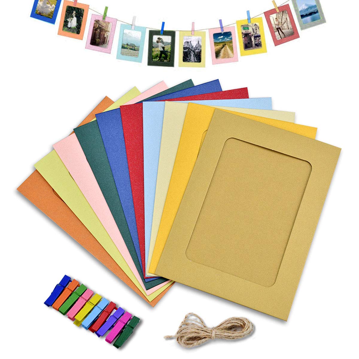 Eco-Friendly Kraft Paper Photo Frames Set - DIY Cardboard Picture Frames with Natural Wood Clips & Jute Twine for 5x7 Photos (10 Colors) - Perfect for Wall Decor, Scrapbooking & Home Office Display