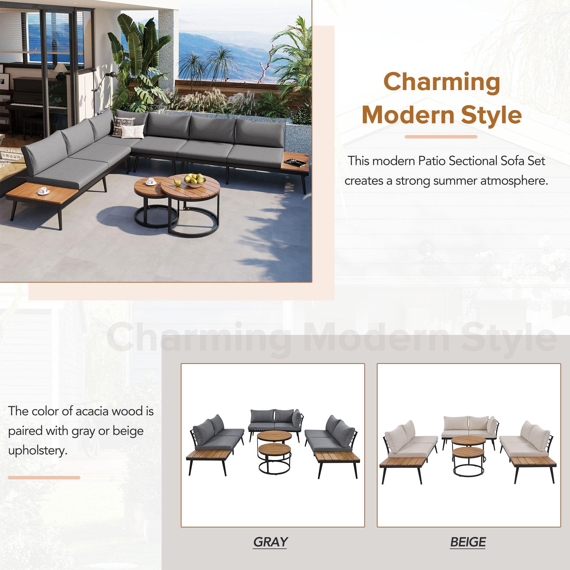 6-Piece Outdoor Sectional Sofa Set with Round Nesting Coffee Tables & Cushioned Seating - Patio, Porch, Garden Furniture for Backyard, Poolside & Outdoor Living Spaces