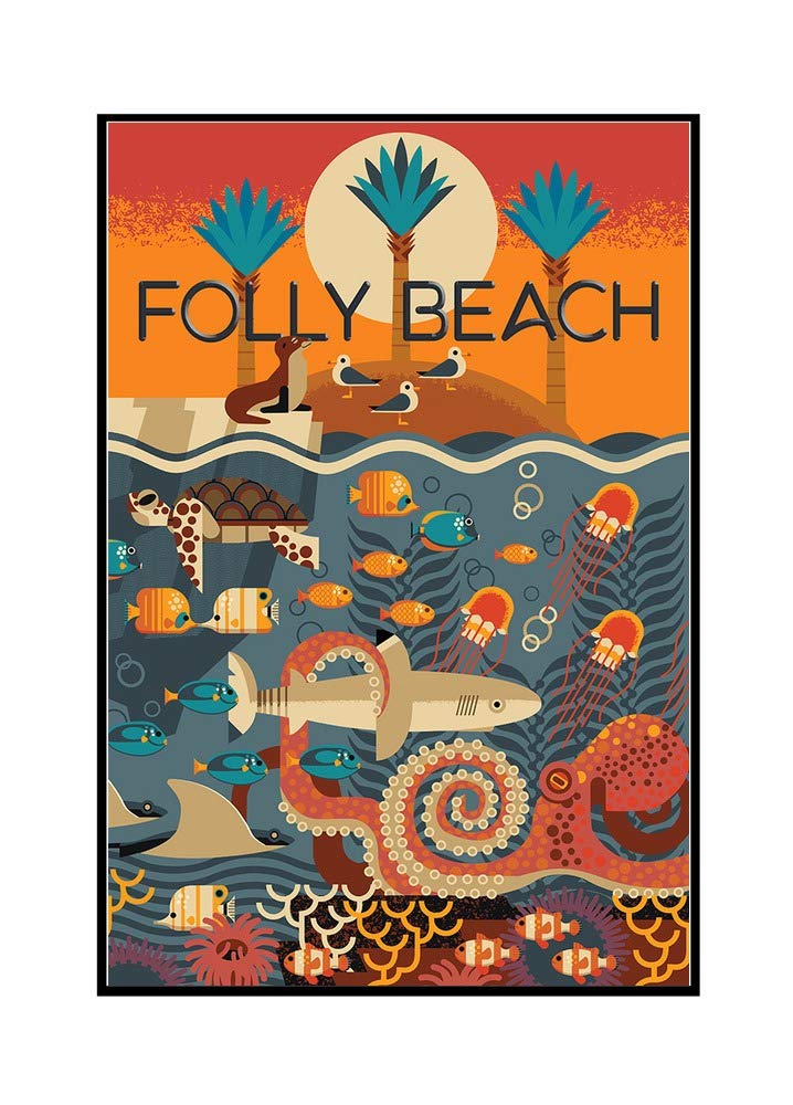South Carolina Folly Beach Textured Geometric Art - 24x36 Framed Gallery Wrapped Stretched Canvas Wall Decor - Perfect for Living Room, Bedroom & Office Decor