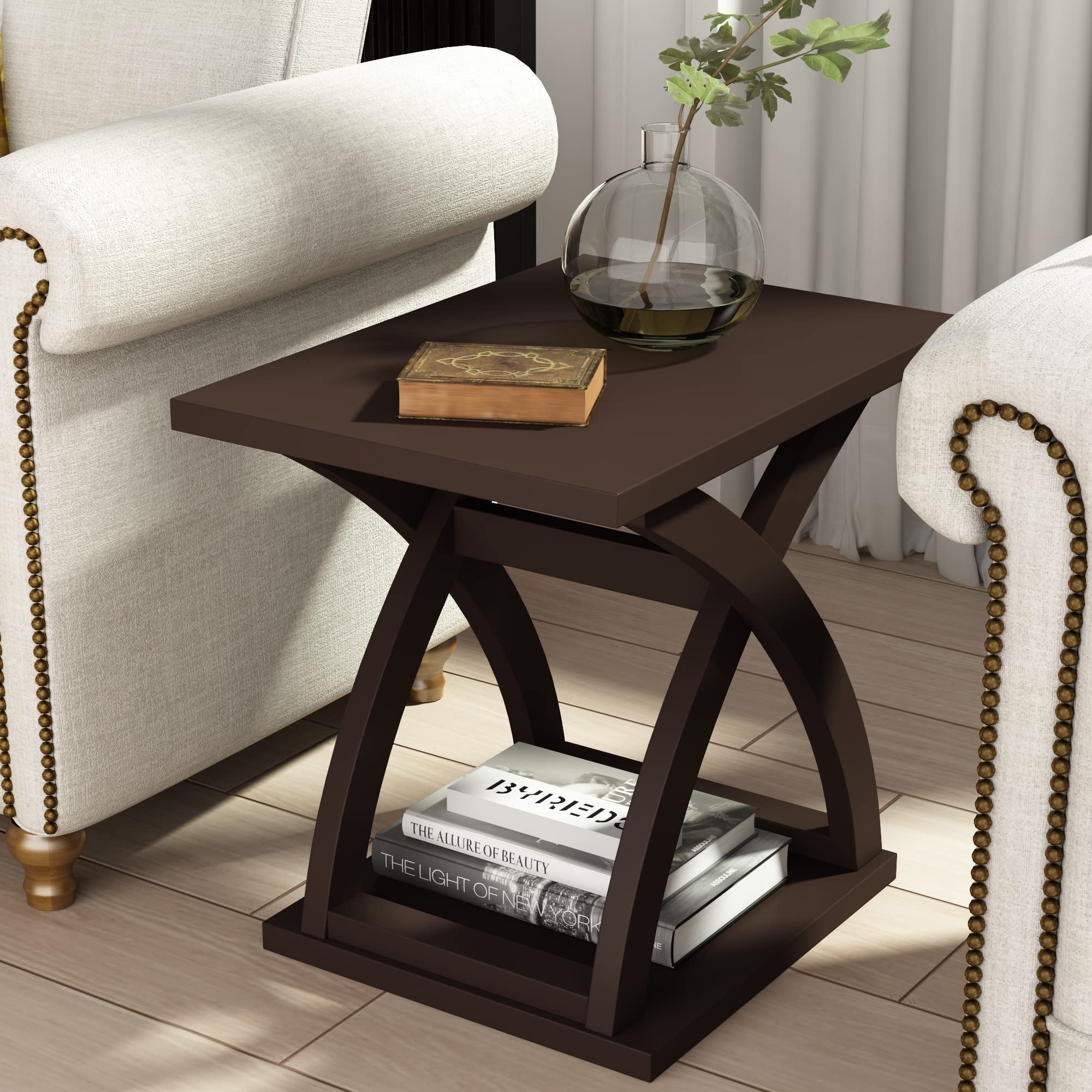 ChooChoo 2-Piece Modern End Table Set with Storage Shelf - X-Design Side Tables for Living Room, Bedroom & Office - Espresso Finish - Space Saving Furniture for Small Spaces