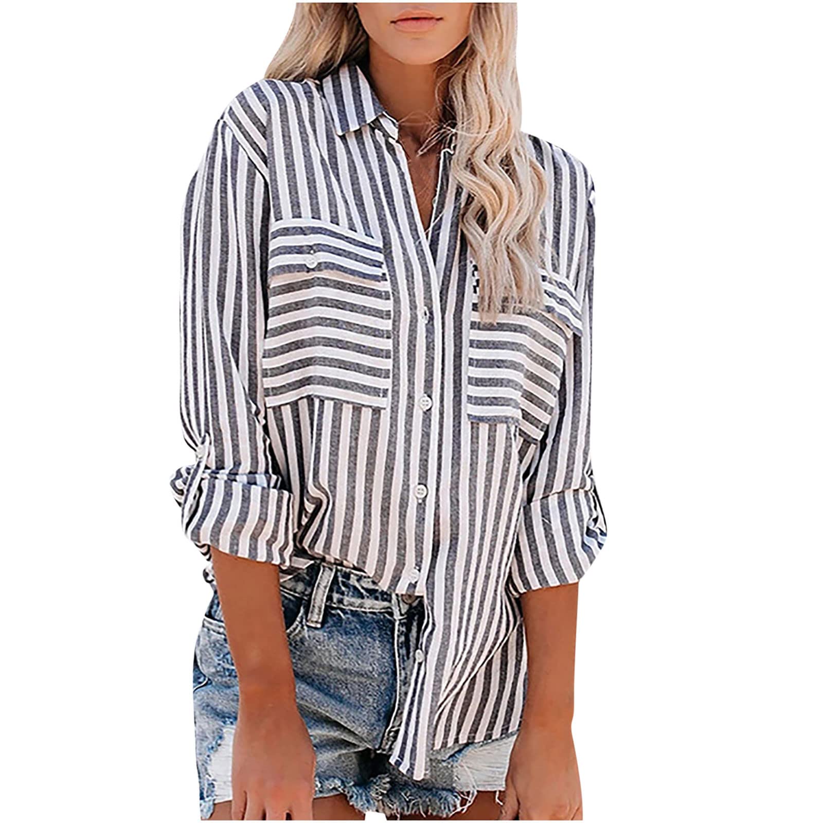 Women's Striped Printed Long Sleeve Shirt - Cotton Linen Blend Single Breasted Top for Women | Casual Office Wear & Spring Summer Fashion Gift