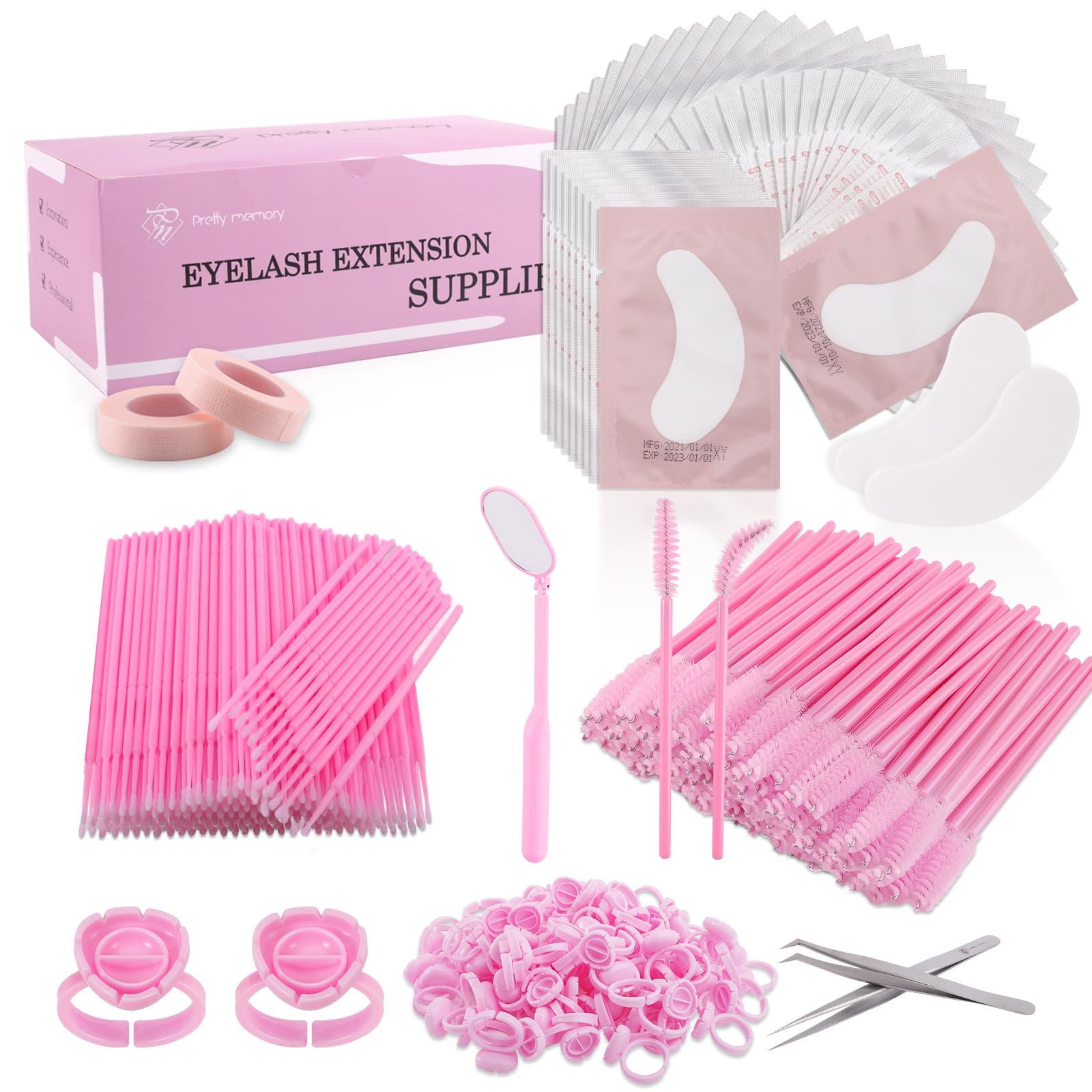 Professional Eyelash Extension Kit - 100 Glue Ring Holders, 100 Disposable Mascara Brushes, 100 Under Eye Gel Pads, 2 Medical Tapes, 2 Tweezers & 1 Lash Mirror - Complete Lash Extension Supplies for Salon & Home Use