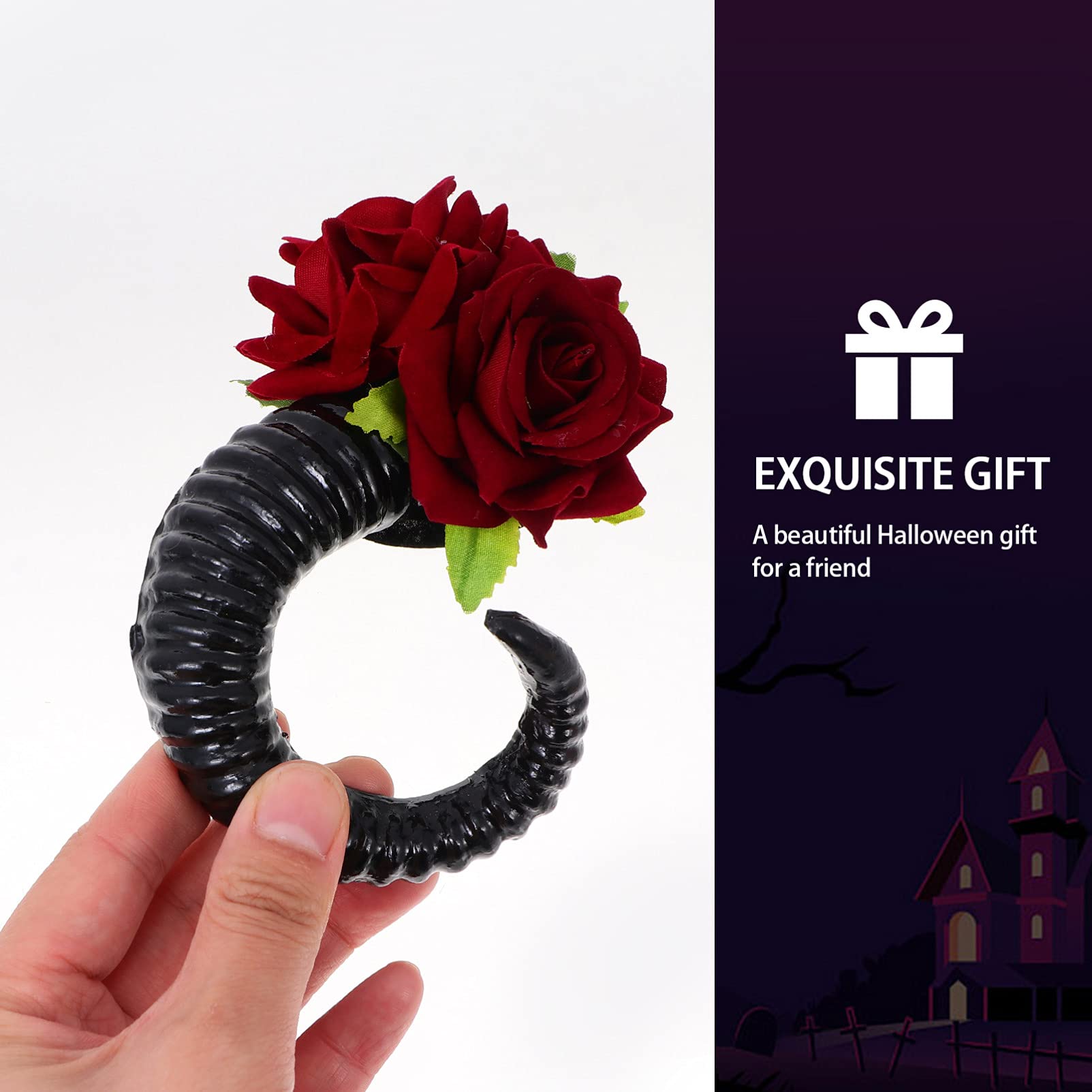 FRCOLOR Black Devil Sheep Horn Hair Clip with Red Rose - Gothic Cosplay Headband for Halloween, Party, and Costume Accessories | Perfect for Cosplay, Halloween Costumes, and Themed Parties