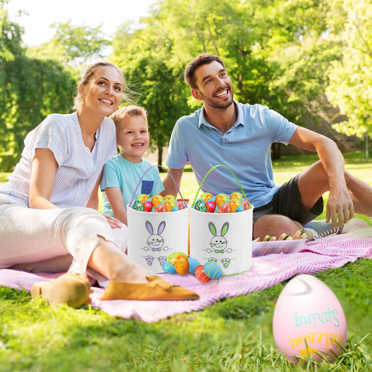 Easter Bunny Basket Bags for Kids - Personalized Cotton Canvas Easter Egg Hunt Bags with Cute Rabbit Print - Perfect for Easter Egg Hunts, Candy Collection & Gift Giving (Purple)