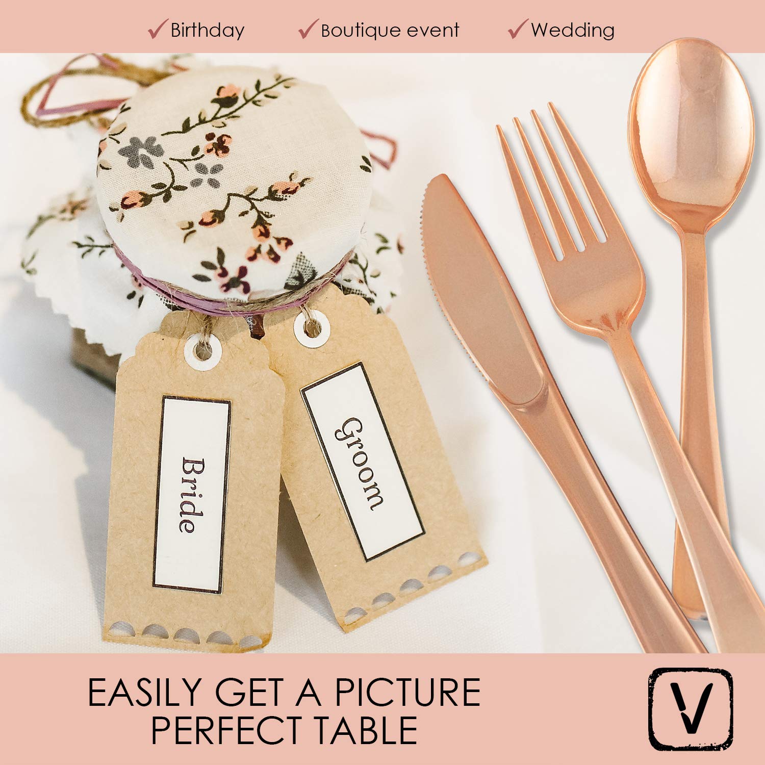 150-Piece Elegant Rose Gold Silverware Set - Disposable Plastic Forks, Knives & Spoons for Weddings, Parties & Formal Events - No Cleanup Needed - Perfect for Bridal Showers, Anniversary Dinners & Upscale Catering Events