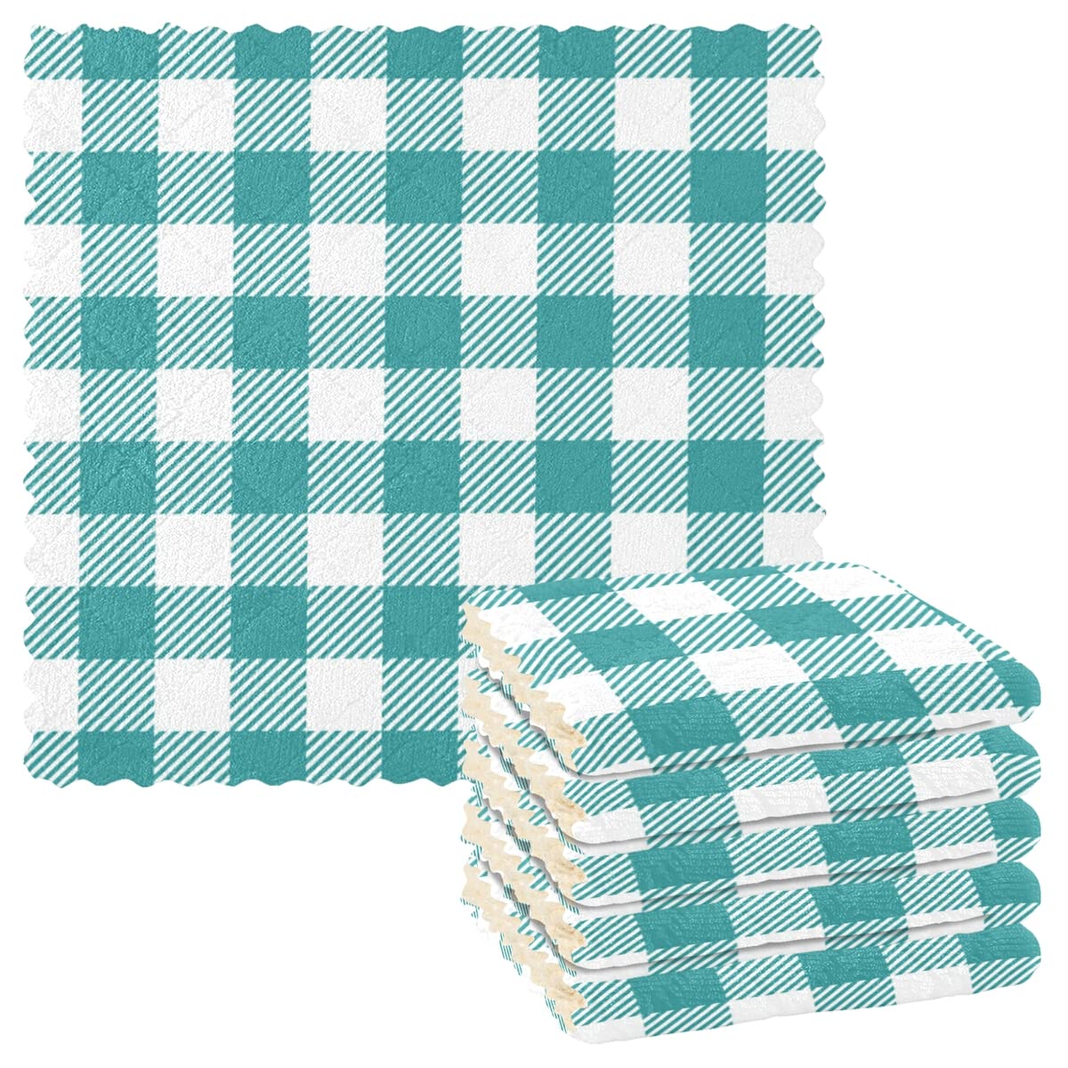 DOMIKING 6-Pack Reusable Absorbent Kitchen Towels - Teal Buffalo Plaid Dish Cloths, Hand Towels & Cleaning Rags for Dishes, Countertops & Household Chores (Eco-Friendly Kitchen Accessories)