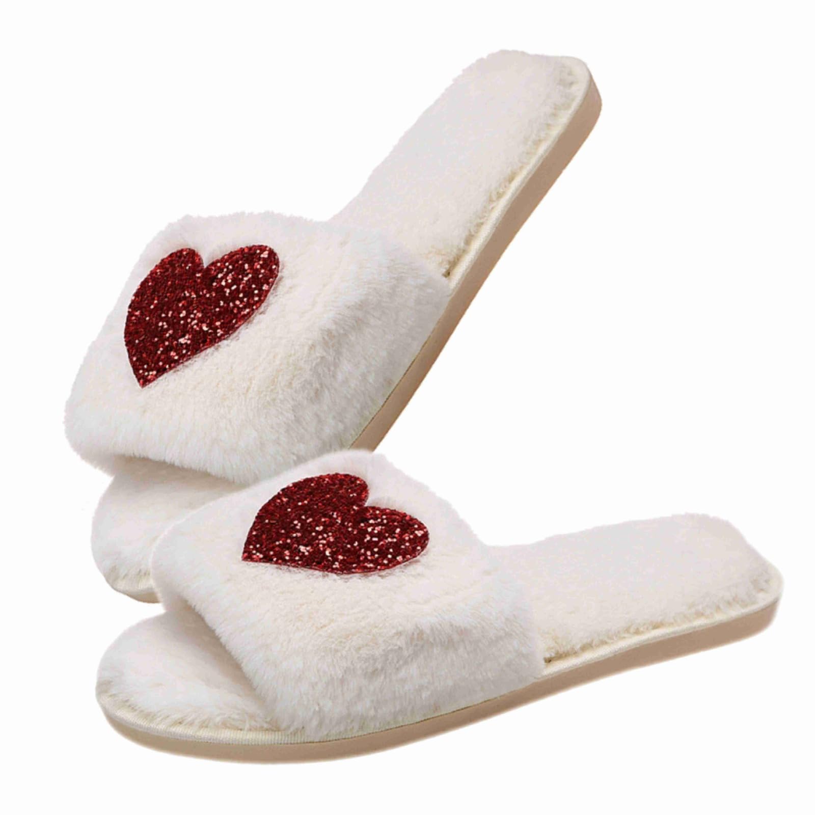 Women's Heart Fuzzy Slippers - Soft Fluffy Cozy House Slides with Open Toe for Indoor Comfort - Perfect for Brides, Lounging & Gift Giving