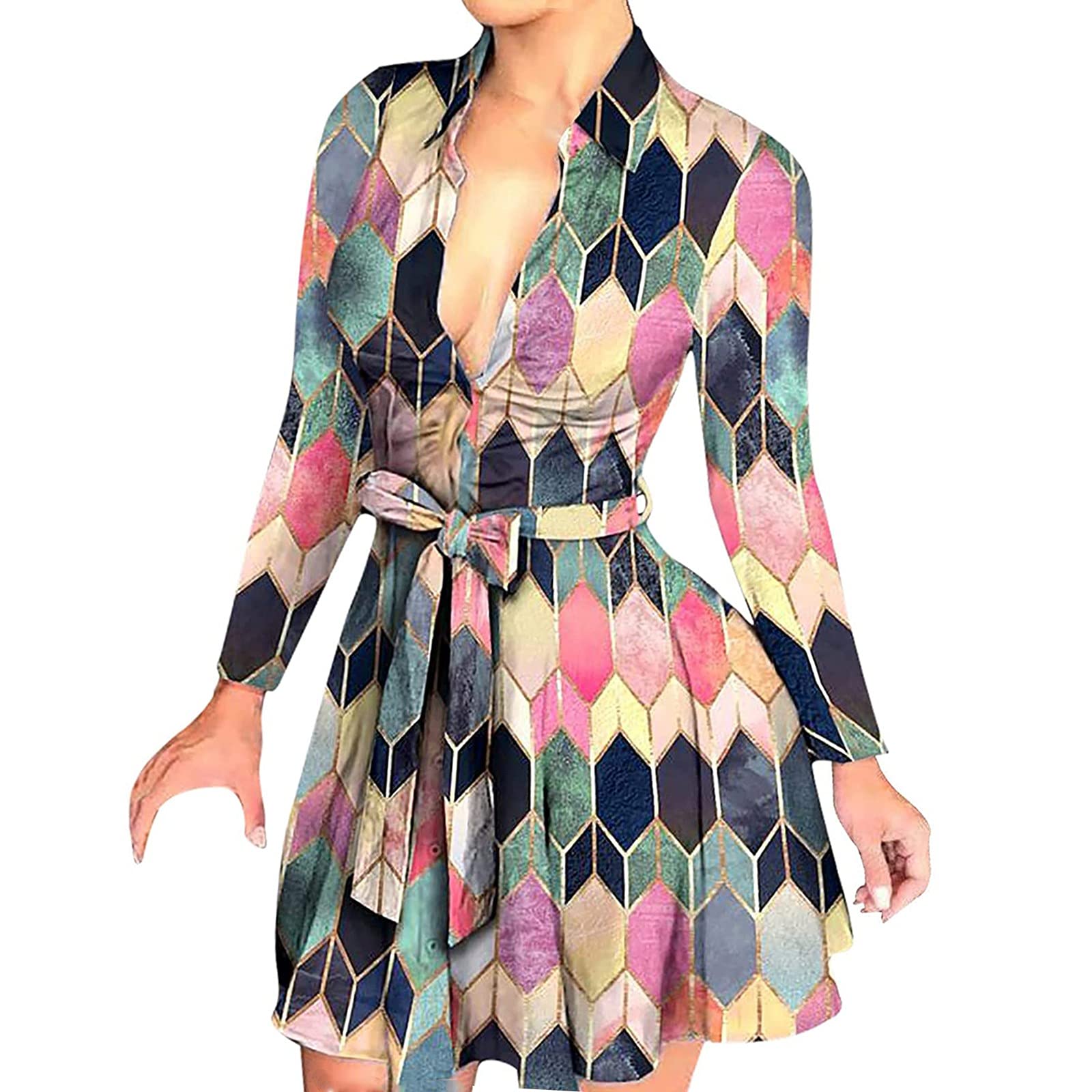TWGONE Women's Fish Scale Print Mini Dress - Deep V-Neck Long Sleeve Button Down Dress with Ruffles | Perfect for Date Night, Cocktail Parties & Summer Outings