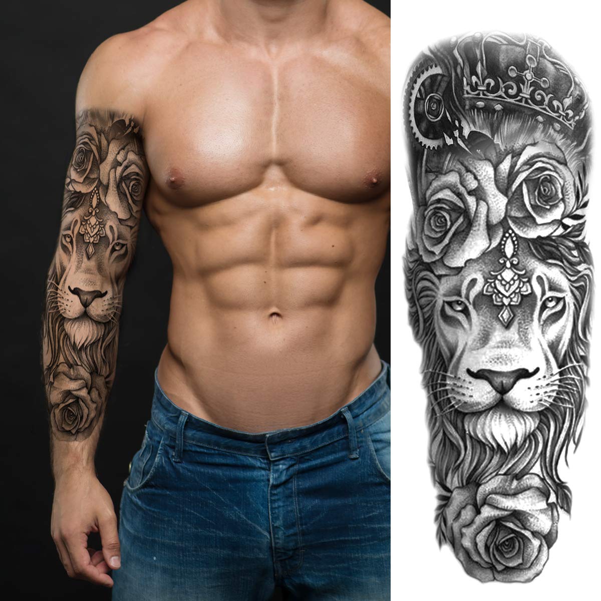 Lion Arm Sleeve Tattoos for Men & Women - 4 Large Full Sleeve & 4 Half Arm Fake Tattoo Stickers - Waterproof Temporary Tattoo Makeup for Costume Parties, Halloween & Cosplay