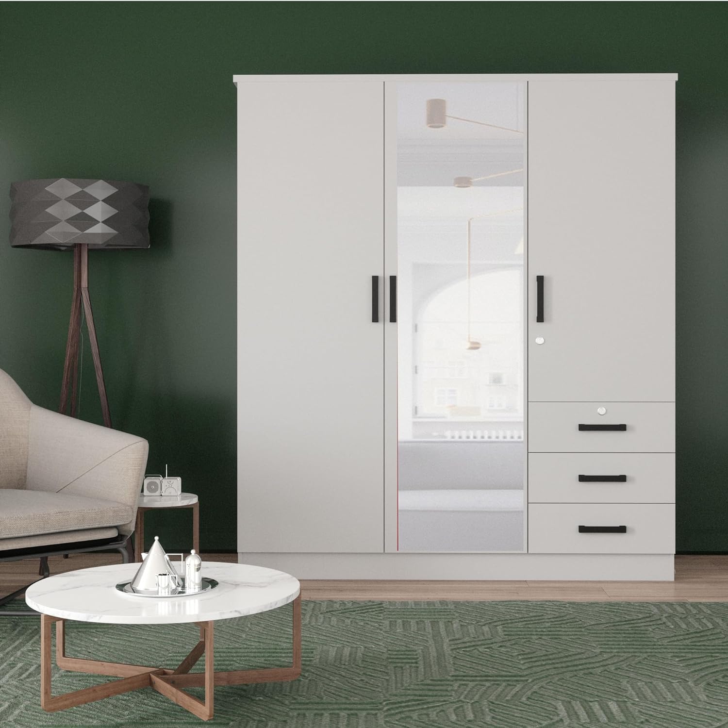Violet Wardrobe with Mirrored Doors - 3 Door & 3 Drawer White Closet for Bedroom, Walk-in Closet, or Dressing Room | Modern Storage Solution for Clothes & Accessories