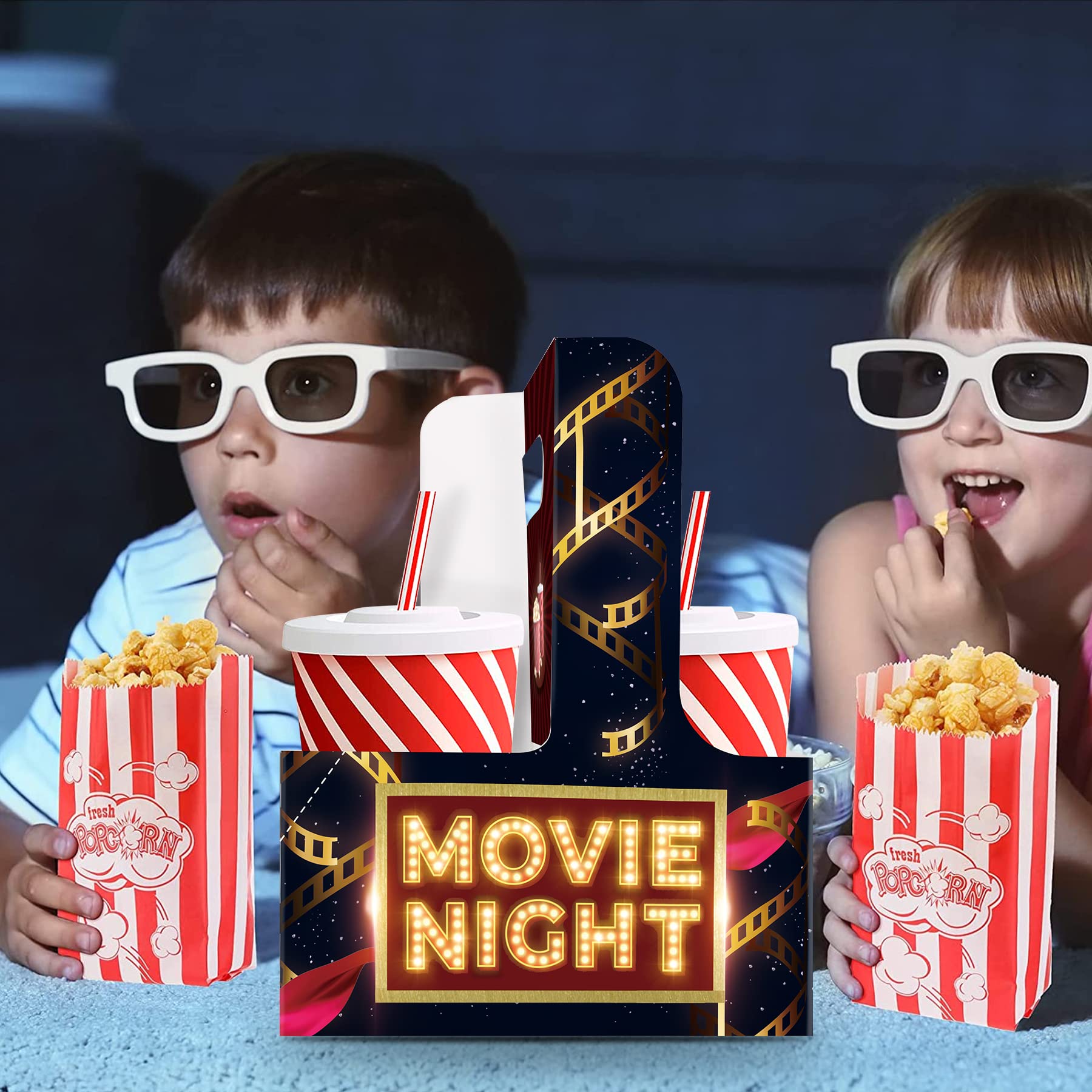 10-Piece Movie Night Snack Tray Set with Handles - Disposable Popcorn Bags & Drink Carrier Combo for Cinema, Theater Parties, Home Movie Nights, and Family Gatherings