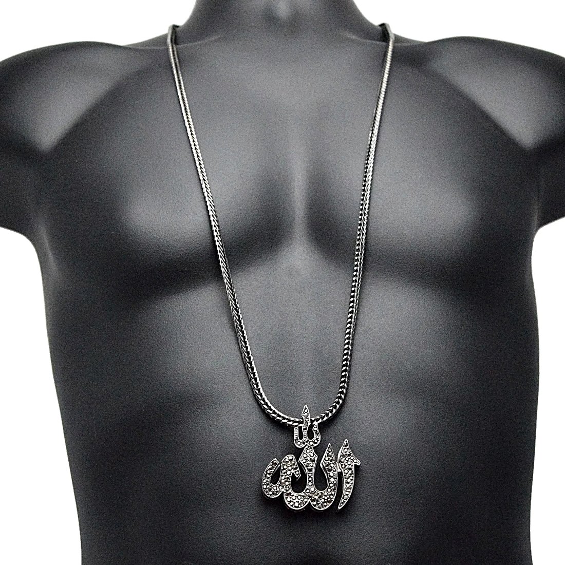 Allah Islamic Pendant Necklace - 36 Inch Franco Chain with Hematite & Iced Out Design for Muslim Men | Perfect for Eid, Ramadan & Religious Occasions