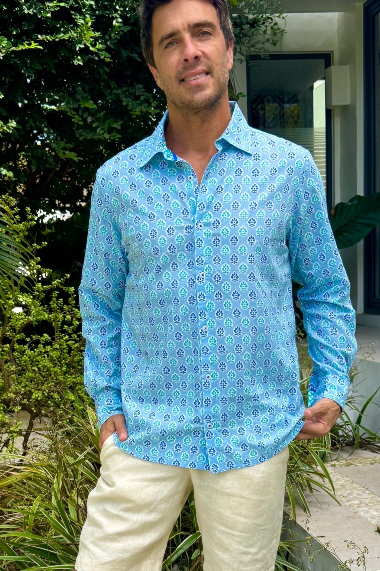 Organic Cotton Men's Shirt - Hyacinth Blue & Turquoise | Breathable Casual Button Down for Work, Travel & Outdoor Activities