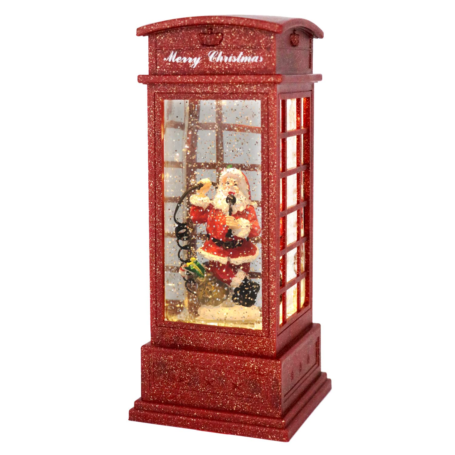 Wondise Battery Operated Snow Globe with Timer - Rotating Telephone Booth Christmas Decoration with Swirling Glitter & Water (Santa Claus) - Perfect for Holiday Home Decor, Gift Giving & Christmas Tree Ornaments