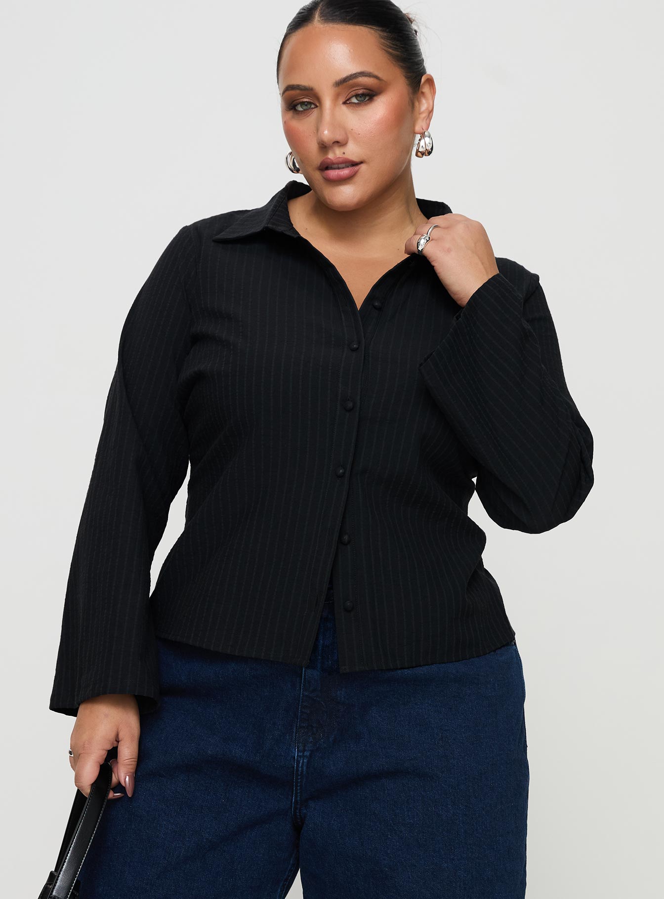Anni Pinstripe Shirt for Women - Black Curve Fit - Stylish Office Wear & Casual Outfits