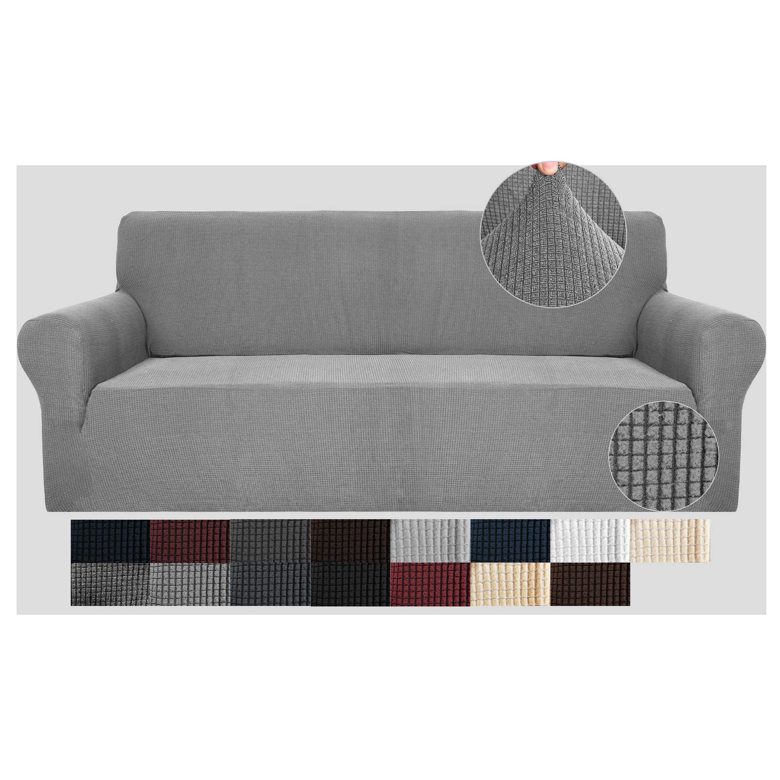 JIVINER Stretch Sofa Cover for 3-Cushion Couch - 1-Piece Elastic Slipcover with Anti-Slip Bottom, Furniture Protector for Pets & Kids - Light Gray & Black - Perfect for Living Room, Family Room & Pet-Friendly Homes