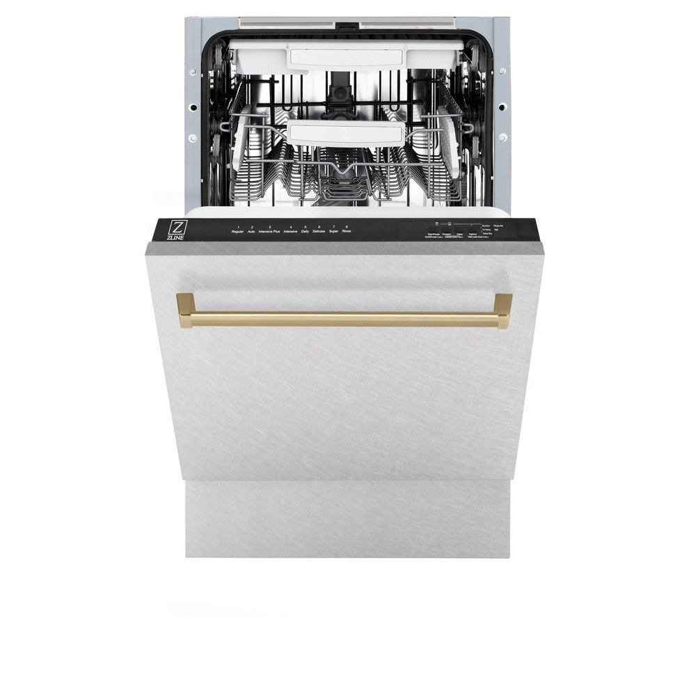 ZLINE Autograph Edition 18-inch Built-In Dishwasher with Satin Stainless Steel Panel & Champagne Bronze Handle - 51dBa Ultra Quiet - Tallac Series 3rd Rack Top Control (DWVZ SN 18 CB) - Perfect for Modern Kitchens and Open-Concept Homes
