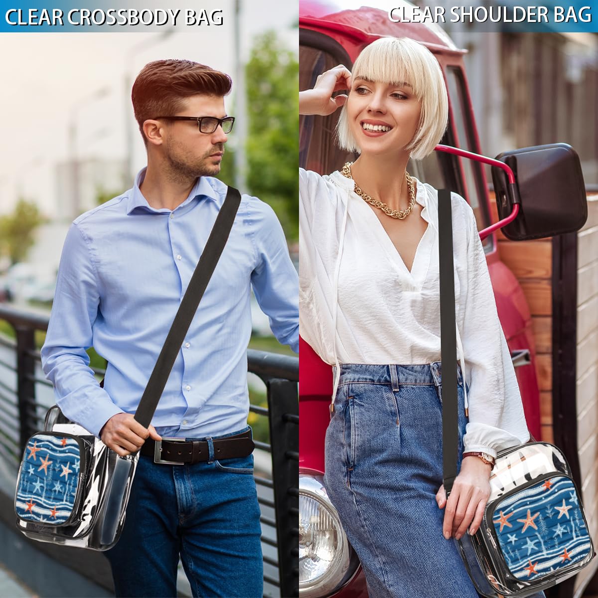 Mularoka Starfish Clear Crossbody Purse Bag - Blue & Pink Starfish Design, Stadium Approved Transparent Shoulder Bag for Women & Men | Perfect for Music Festivals, Sports Events, Concerts & Beach Outings