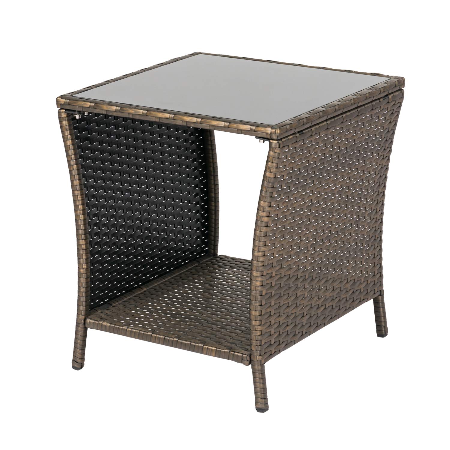Kinsuite PE Patio Side Table - Outdoor Wicker Coffee Table with Glass Top, Rattan End Table with Iron Frame for Backyard, Lawn, Balcony & Pool - Perfect for Relaxing, Entertaining & Outdoor Decor (Dark Blonde)