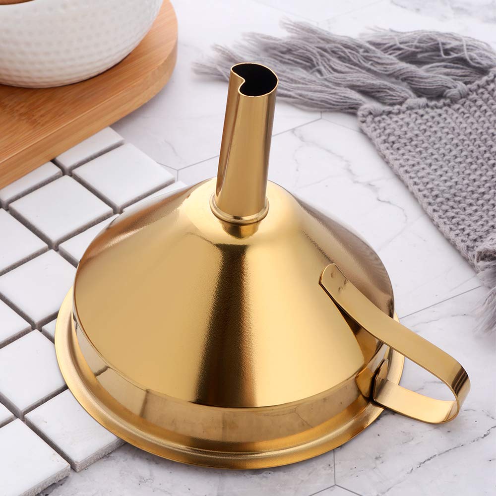 QIBORUN 5-Inch Stainless Steel Kitchen Funnel with Removable Strainer - Cooking Oil Filter Funnel, Liquid & Dry Ingredient Transfer Tool for Baking, Canning, Auto Oil Change (Gold)