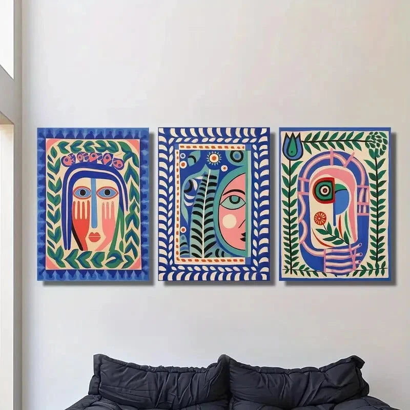 3-Piece Art Deco Folk Abstract Face Wall Art Set - Framed Canvas 40x60cm (16x24in) - High Quality Print - 100% Australian Made - Ready to Hang - Perfect for Living Room, Bedroom & Office Decor
