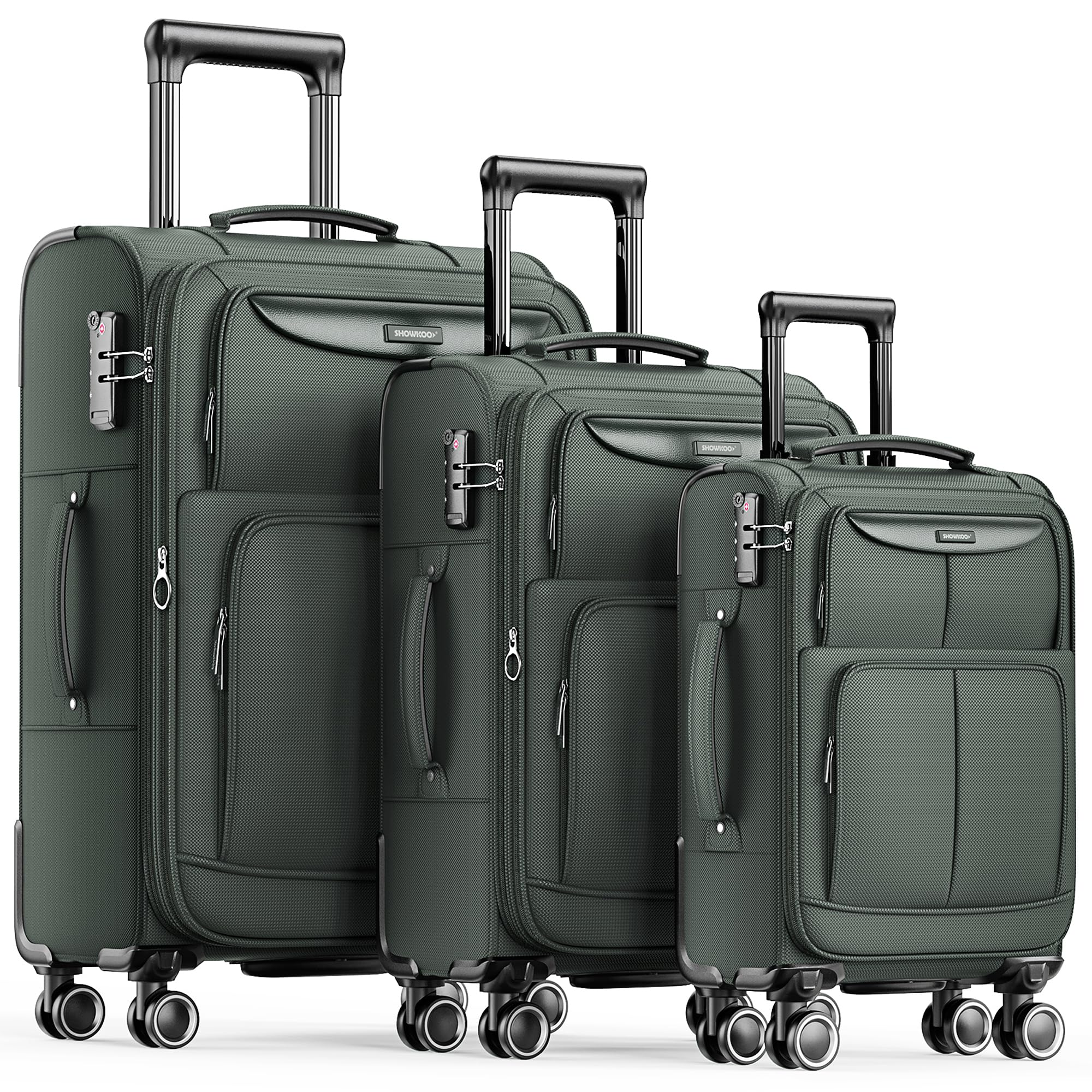 SHOWKOO 3-Piece Expandable Softside Luggage Set with Double Spinner Wheels & TSA Lock - Lightweight Durable Suitcases (20in, 24in, 28in) Army Green - Perfect for Family Travel, Business Trips & International Vacations
