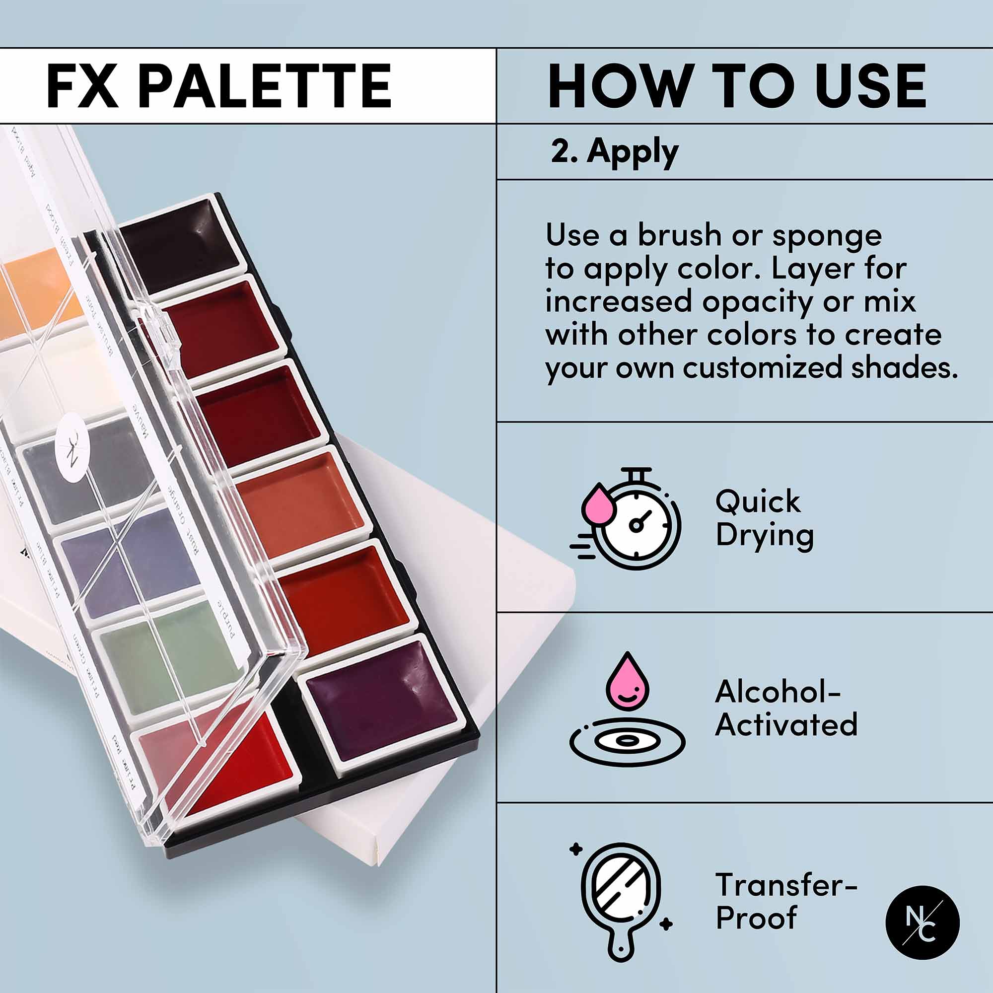 12 Color FX Alcohol Activated Palette - Professional Face & Body Paint for Halloween, Cosplay & Special Effects Makeup