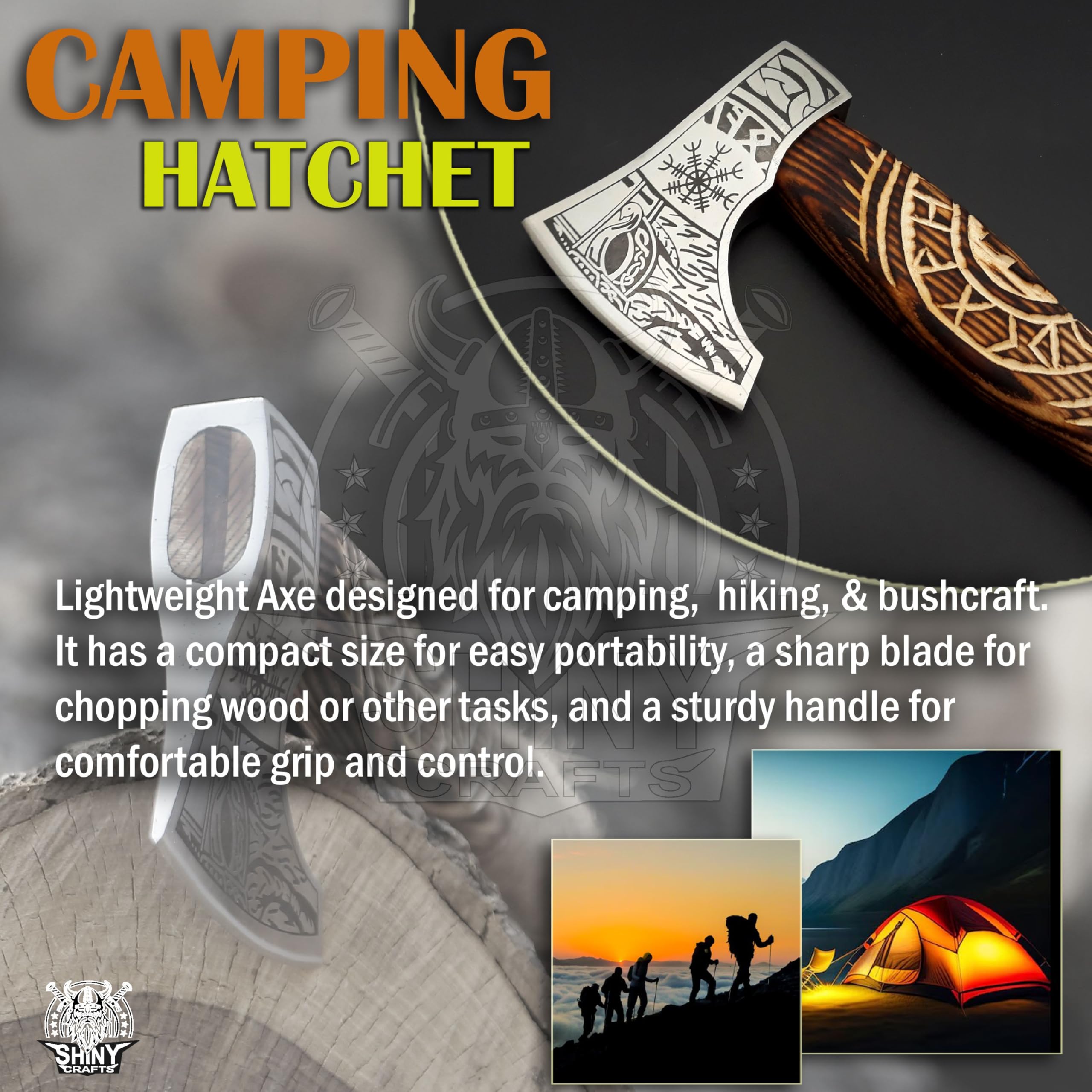 Viking Bearded Axe Tomahawk with Sheath - Handcrafted Wooden Hatchet for Camping, Throwing & Woodworking - Perfect Birthday Gift for Men, Outdoor Enthusiasts & Viking Lovers (SCA 14) - Ideal for Bushcraft, Survival Training & Medieval Reenactment