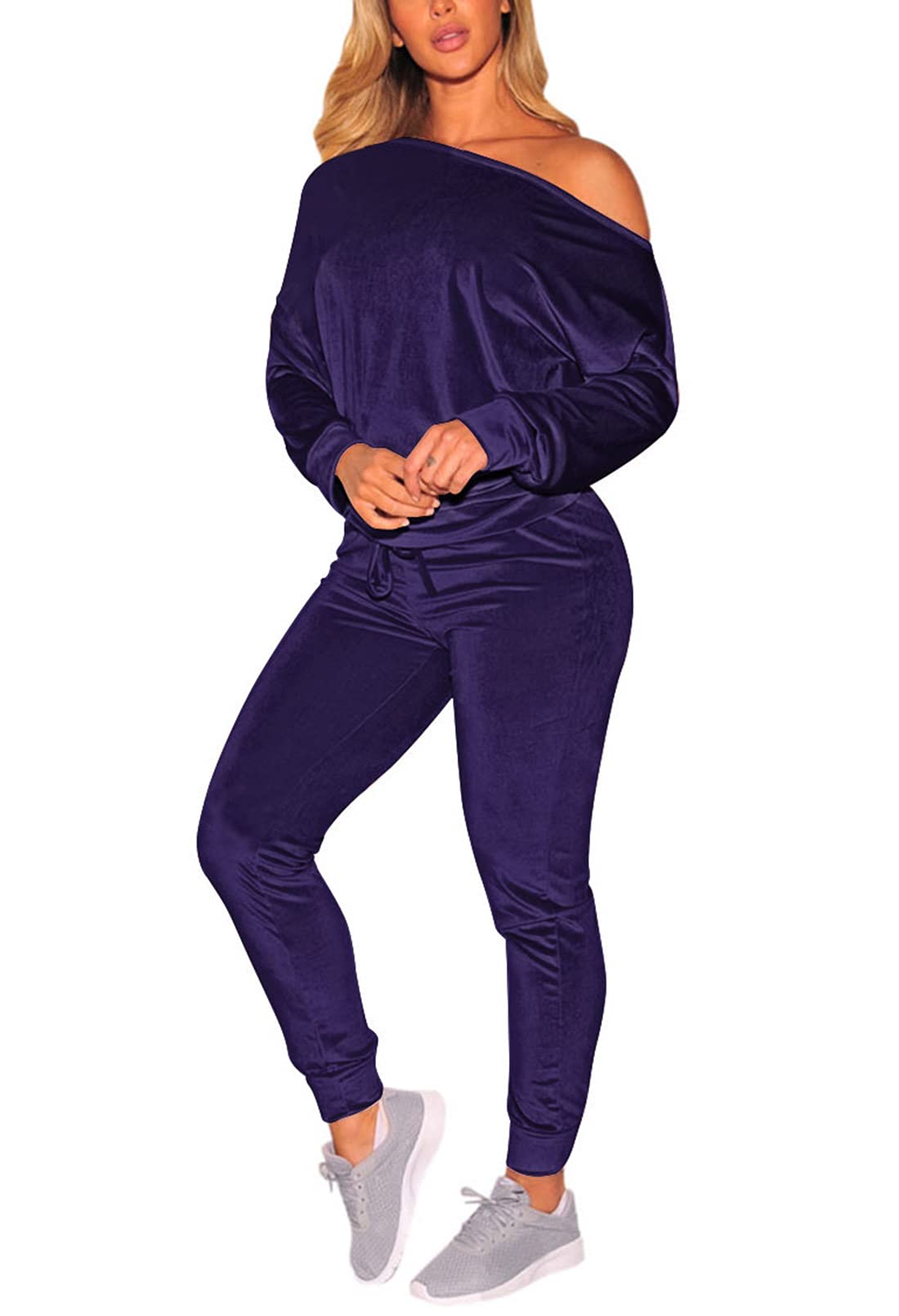 Selowin Women's One Shoulder 2-Piece Casual Jogger Sweatsuit - Velvet Tracksuit Set for Lounge, Workout & Streetwear Fashion