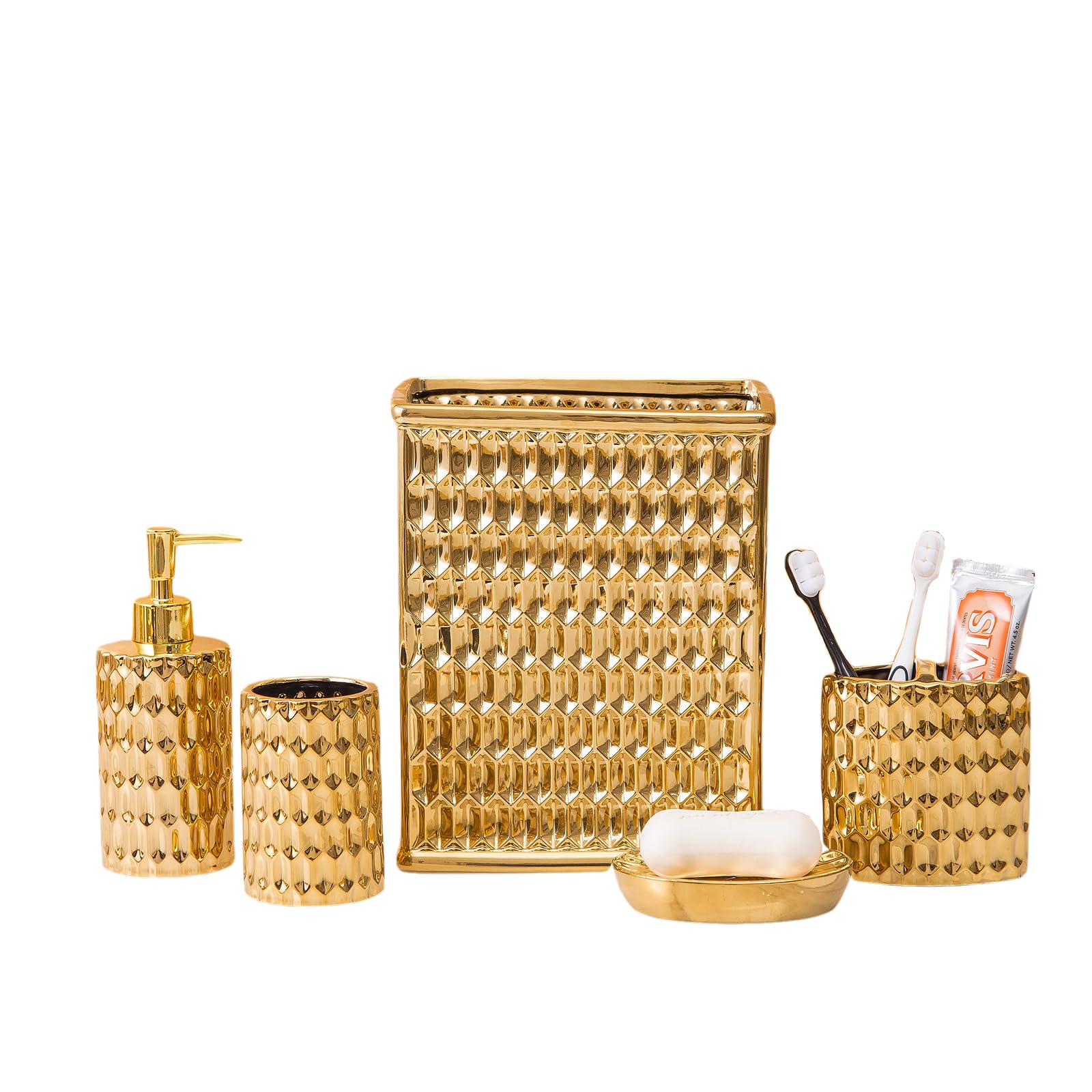 Luxury 5-Piece Gold Bathroom Accessories Set - Ceramic Toothbrush Holder, Soap Dispenser, Soap Dish, Tumbler & Trash Can | Elegant Bathroom Decor for Modern Homes & Hotels | Perfect for Spa-Like Experience & Upscale Interior Design