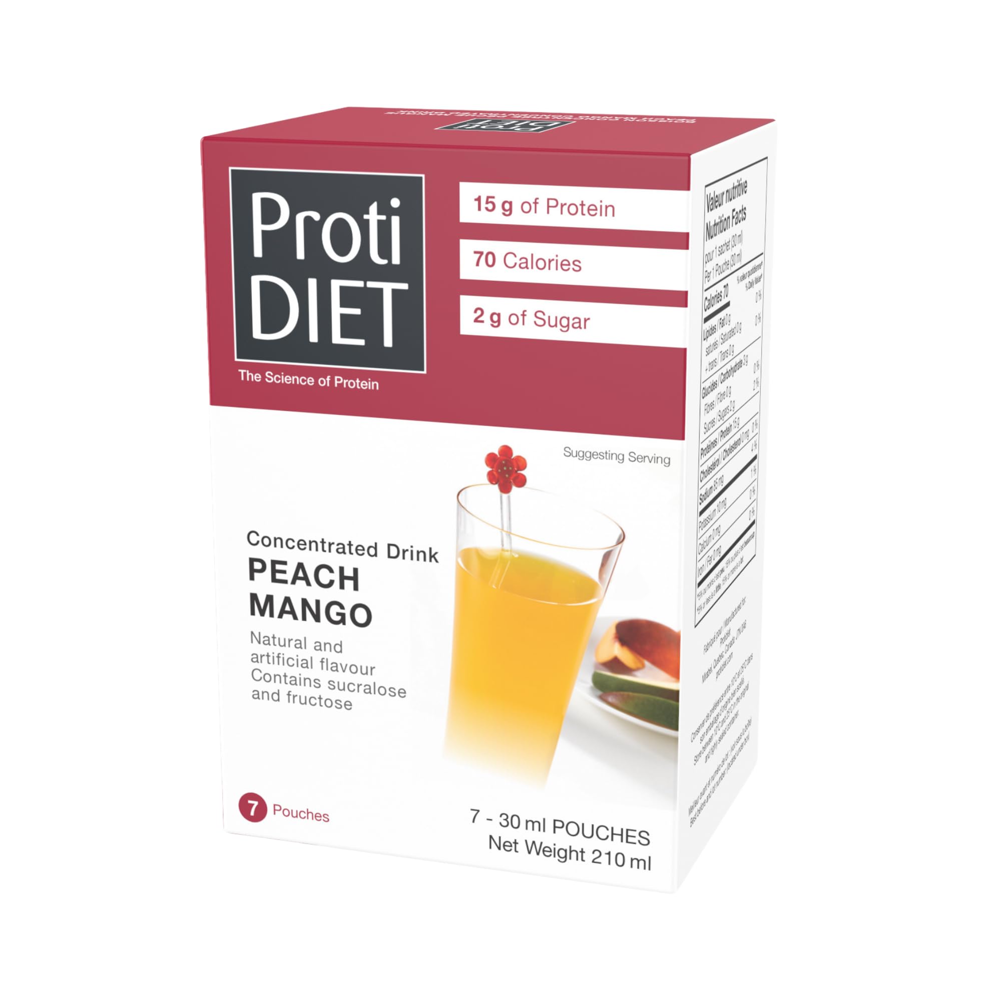 ProtiDIET Peach Mango High Protein Drink Mix - Fat Free, Low Sugar, Easy to Mix Protein Powder for Weight Loss & Muscle Recovery - 7 Single Serve Packets - Perfect for Gym, Workouts & Busy Lifestyles