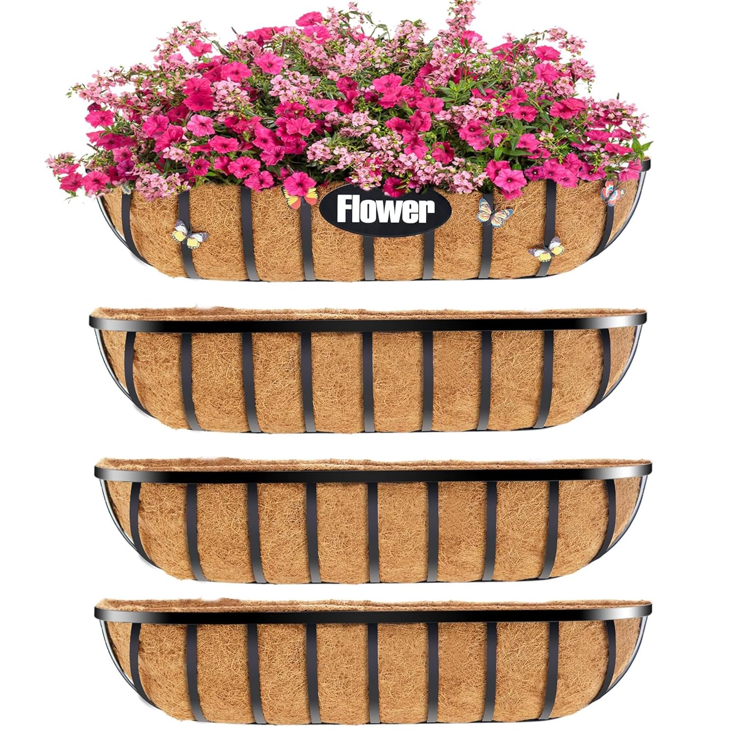 30 Inch Window Box Planter with Coconut Coir Liner - 4 Pack Metal Hanging Flower Basket for Deck, Fence & Railing - Outdoor Garden & Lawn Decor (Perfect for Flowers, Herbs & Small Plants)