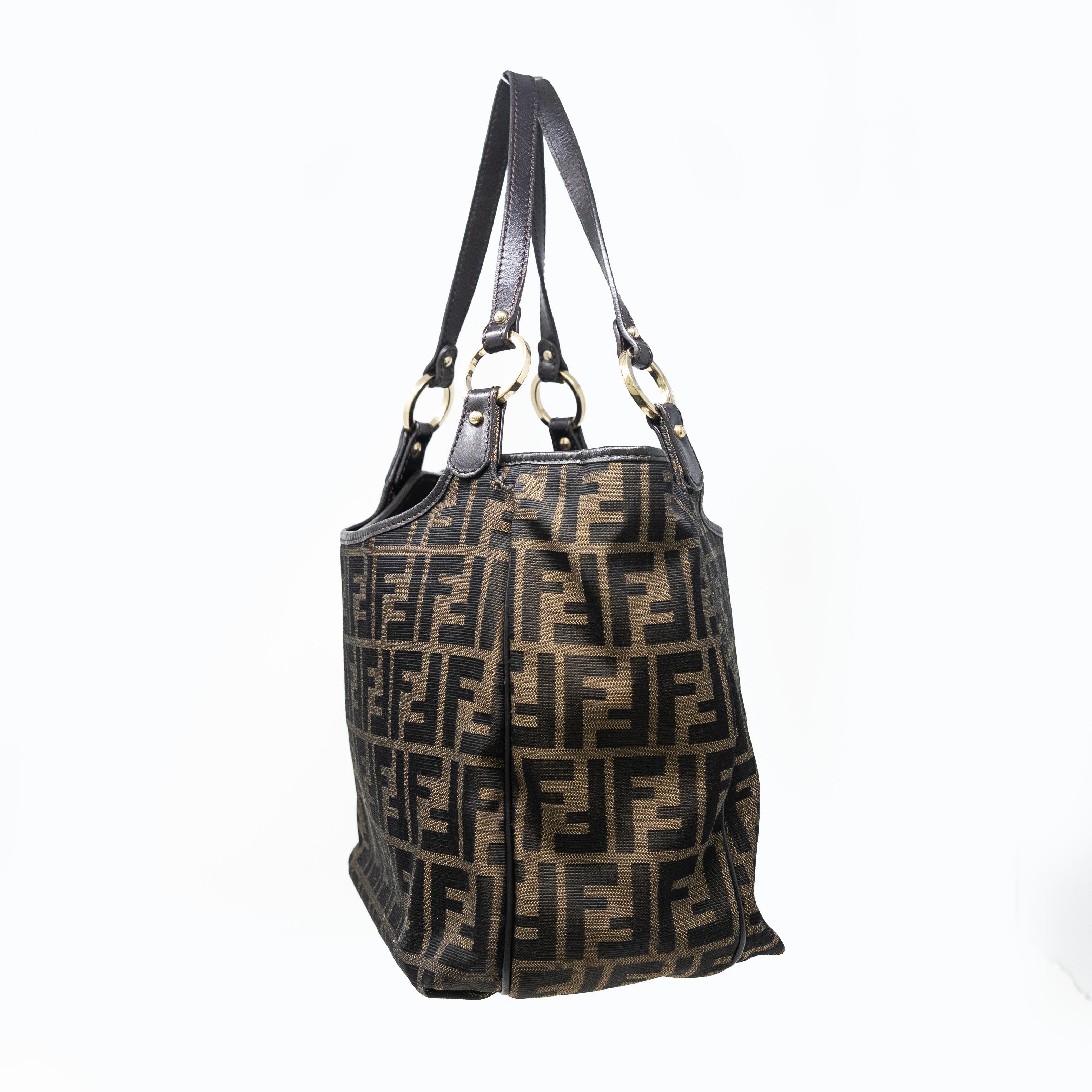 Fendi Zucca Print Brown Leather Shoulder Bag for Women - Stylish Designer Handbag Perfect for Work, Travel & Everyday Use